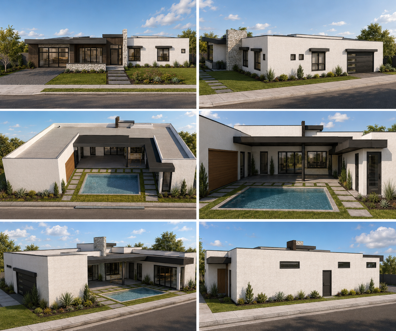 PJ2 proposed build rendering — six exterior views of a modern flat-roof home with stone, wood, and stucco