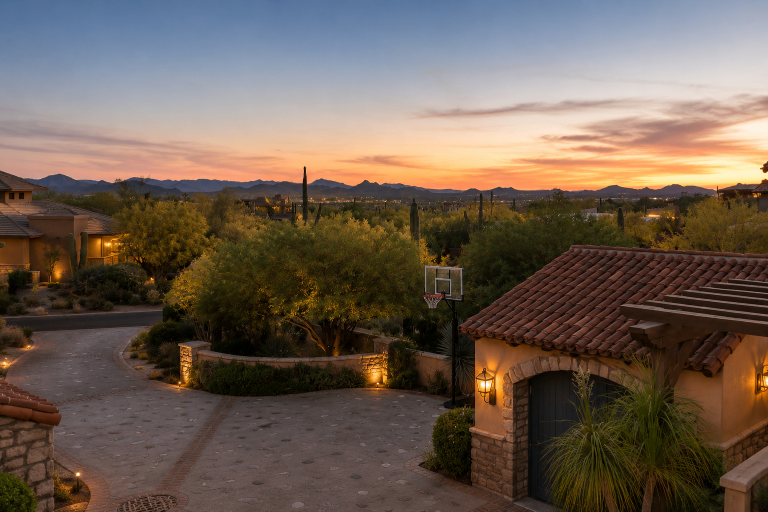 DC Ranch Villa, driveway and desert landscape view at sunset
