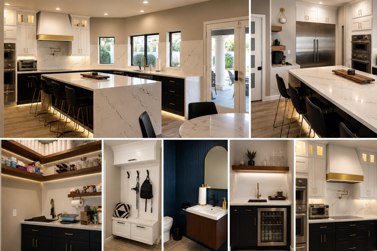 Sutton renovation, after collage of kitchen, pantry, mudroom, powder bath, and bar