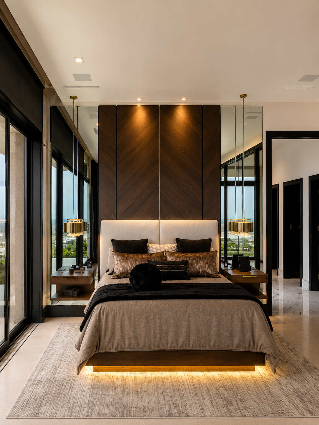 La Senda, primary bedroom with chevron wood headboard wall and brass pendants