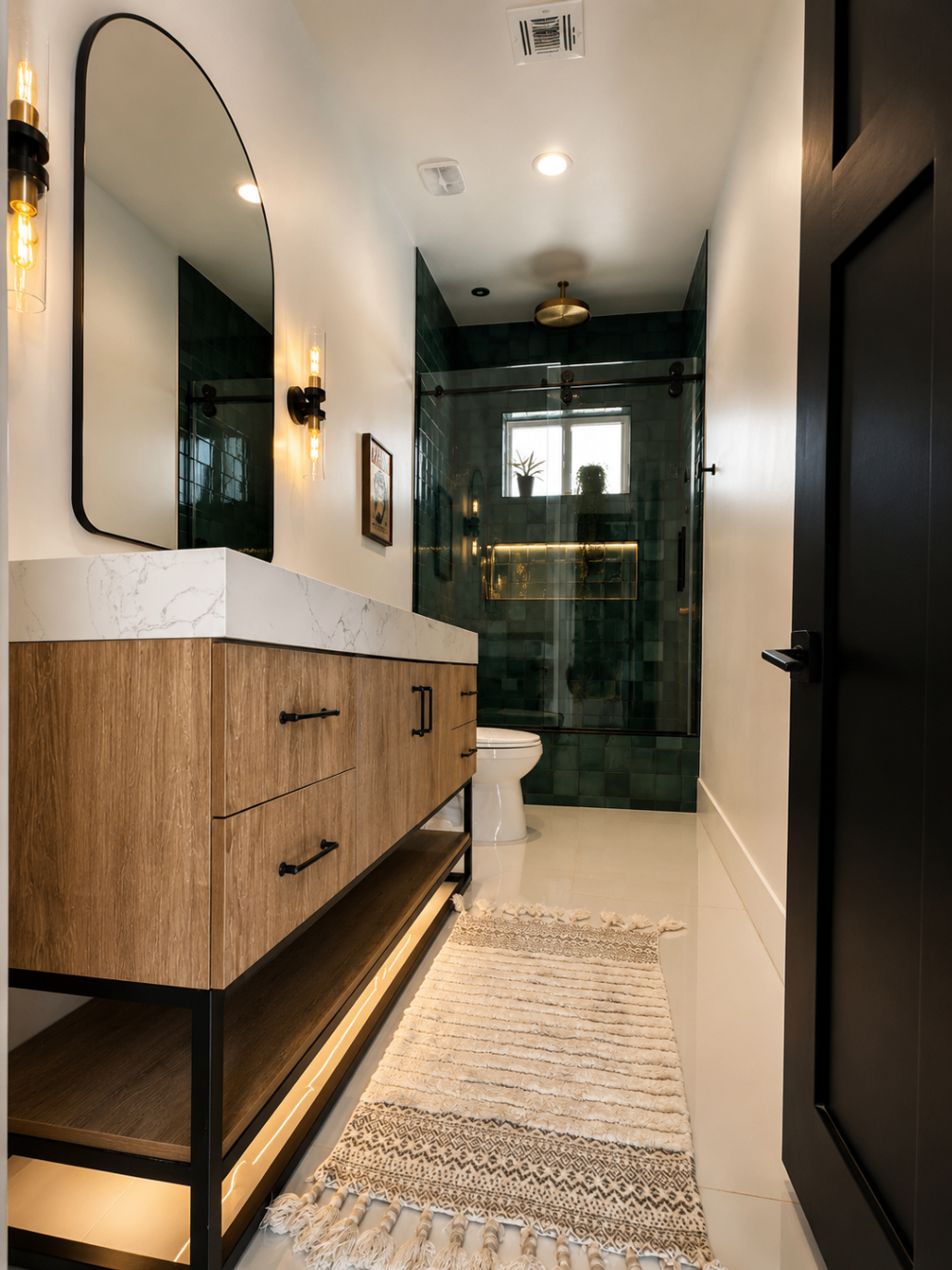 Patricia Jane guest green bath from the doorway with floating vanity lighting and green tile shower