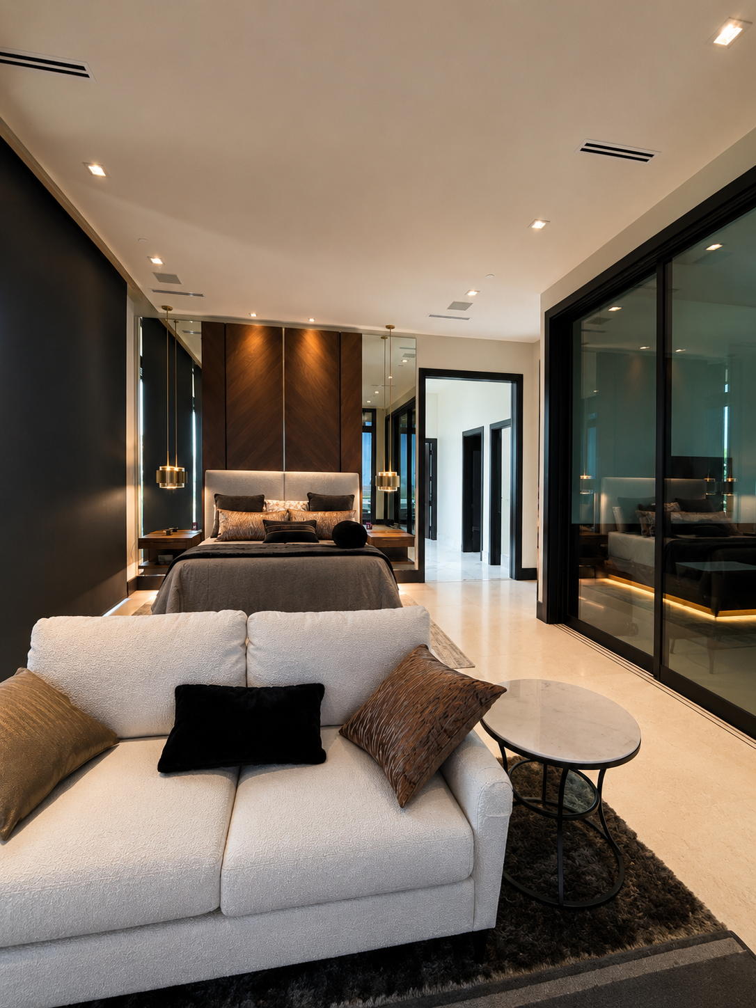 La Senda, primary suite lounge with view back toward the bed