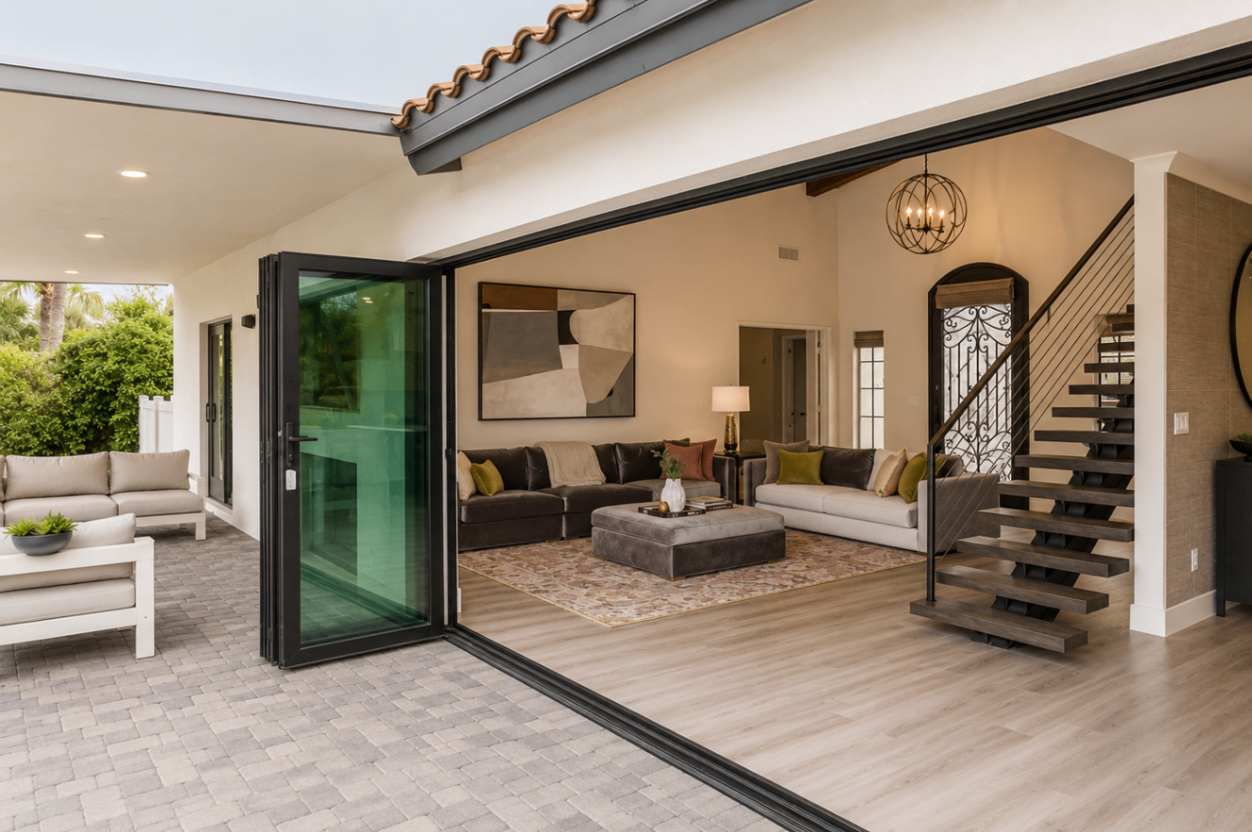 Caron Street, great room opening to covered patio