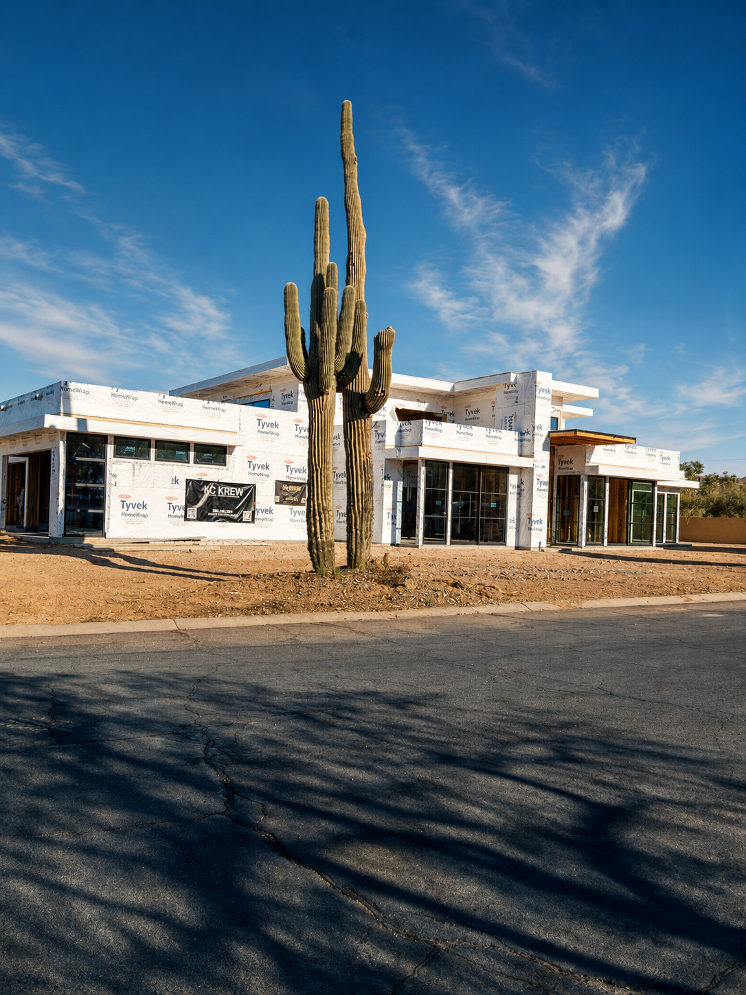 M1, side elevation in Tyvek framed by a mature saguaro