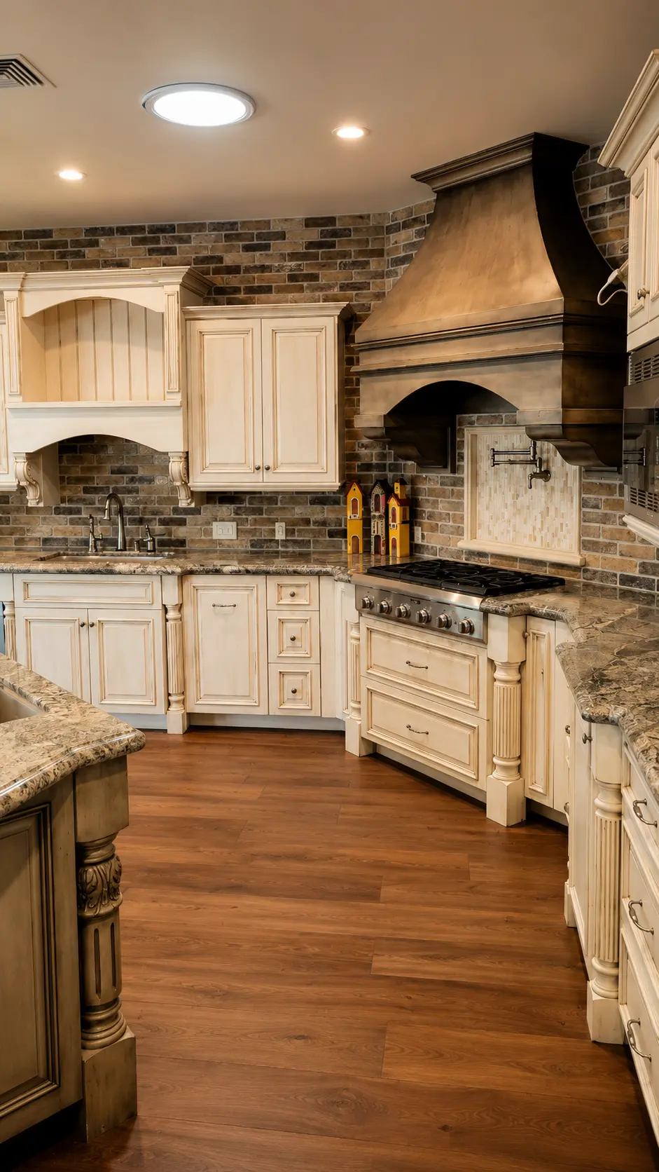 Dartmouth renovation, kitchen range wall with carved wood hood and brick backsplash