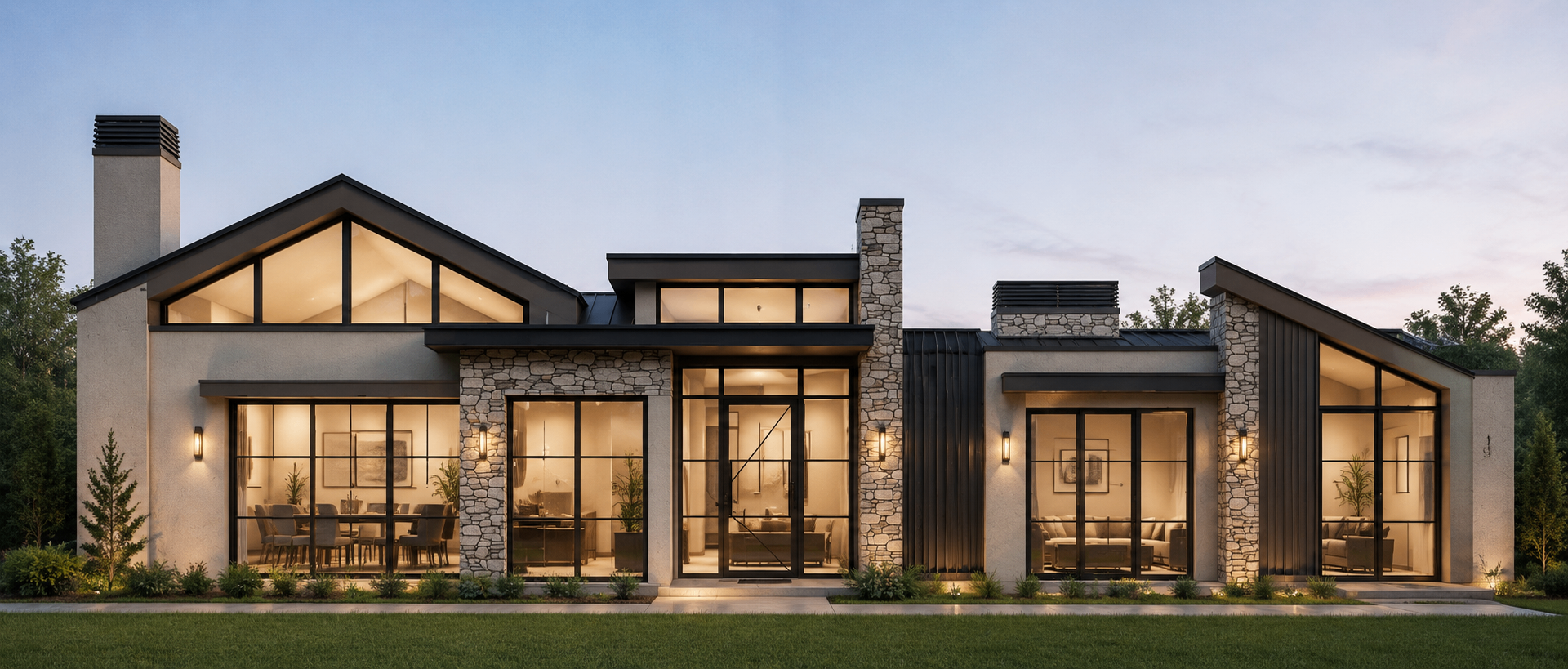 Mari on Camelback, dusk rendering of the front elevation with stone and steel details