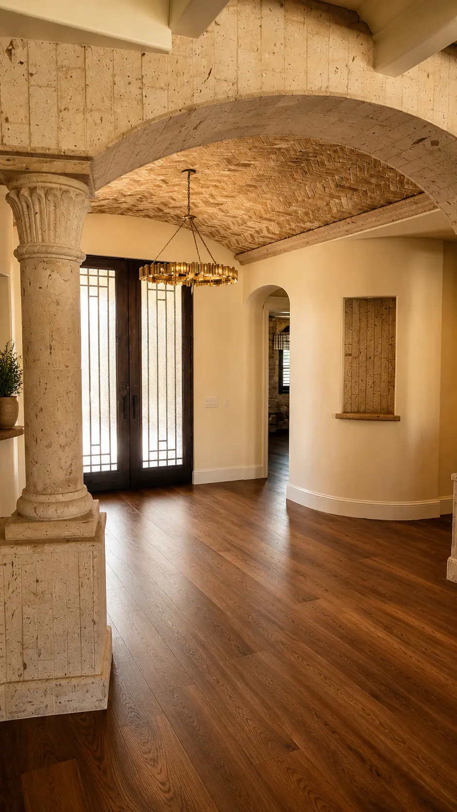 Dartmouth renovation, entry with stone columns and brick barrel-vault ceiling