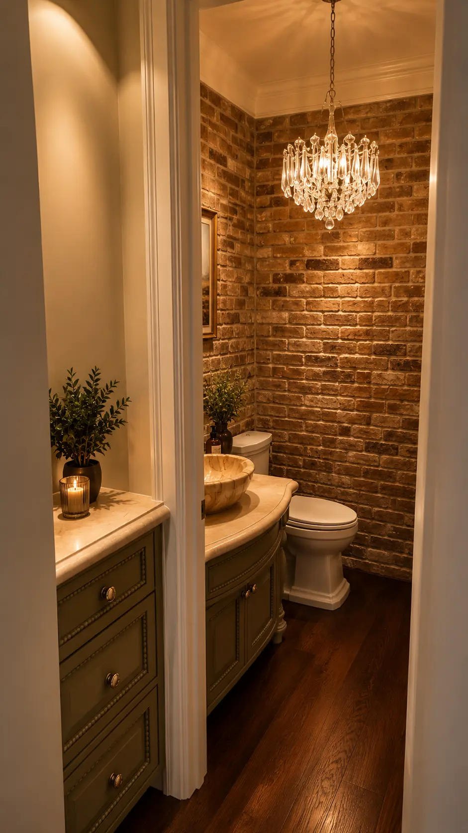 Dartmouth renovation, powder bath with reclaimed brick wall, stone vessel sink, and crystal pendant