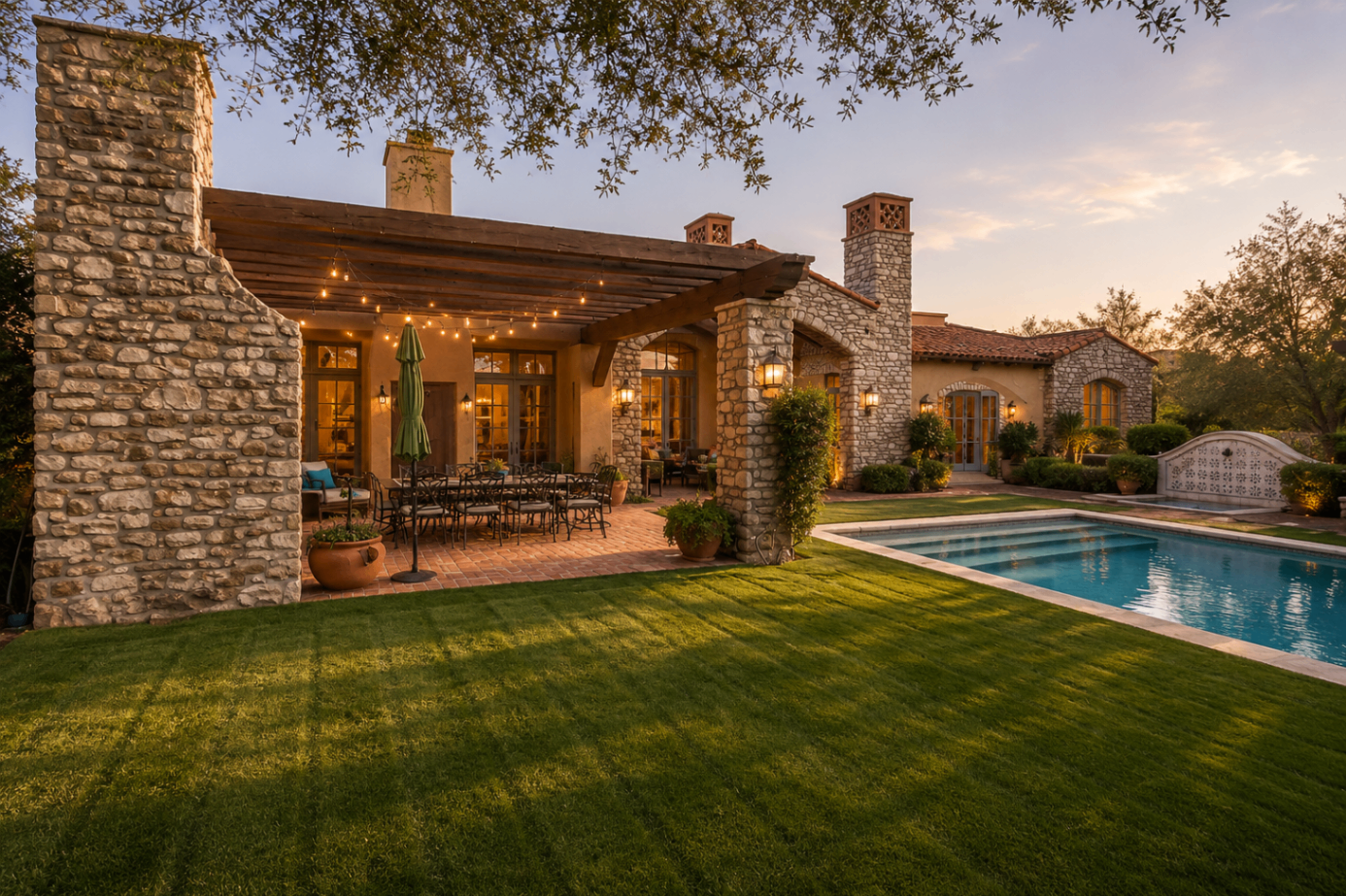 DC Ranch Villa, back patio and pool with stone pergola at dusk