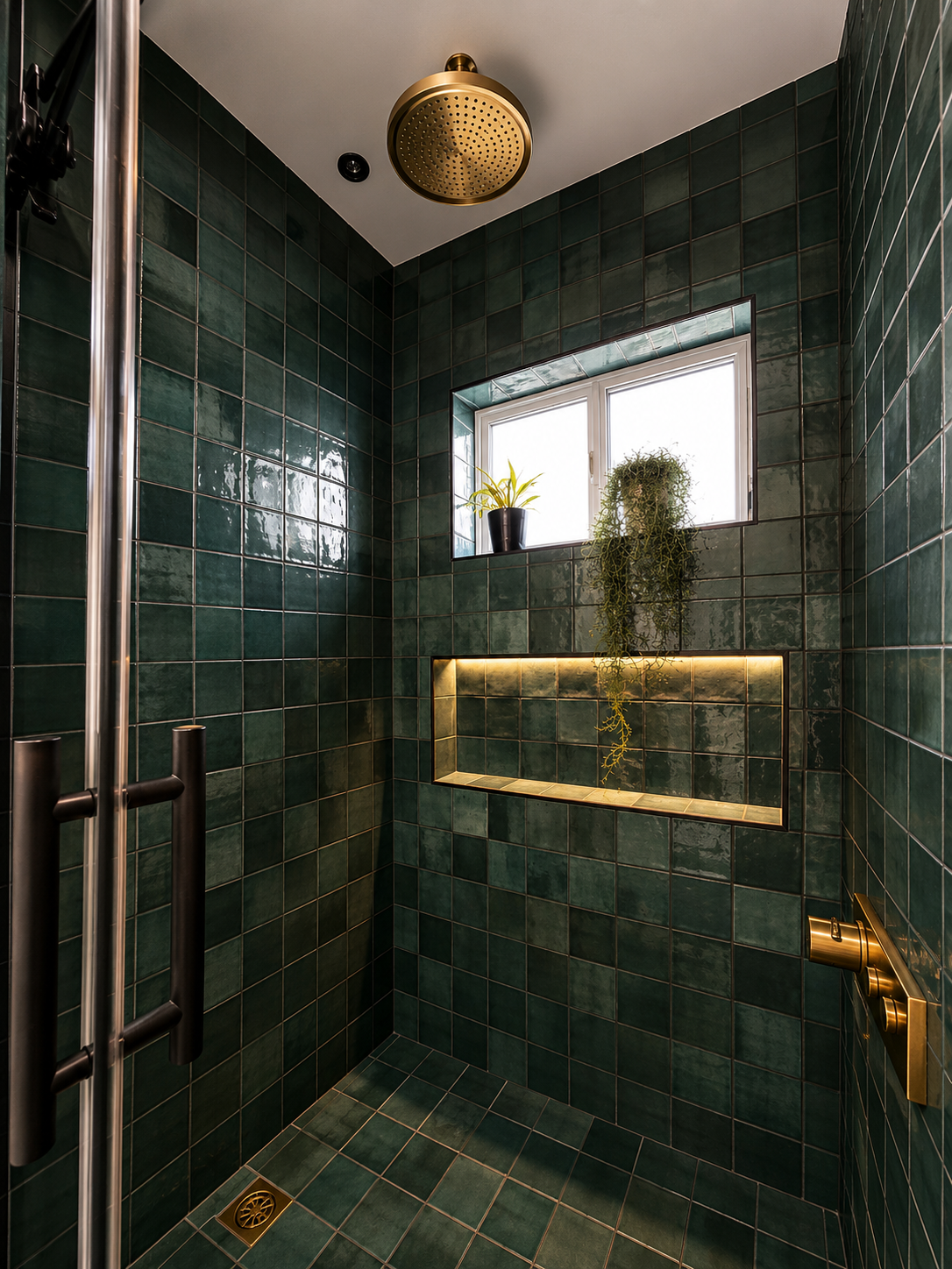 Patricia Jane guest green shower with brass rainhead, glazed green tile, and backlit niche