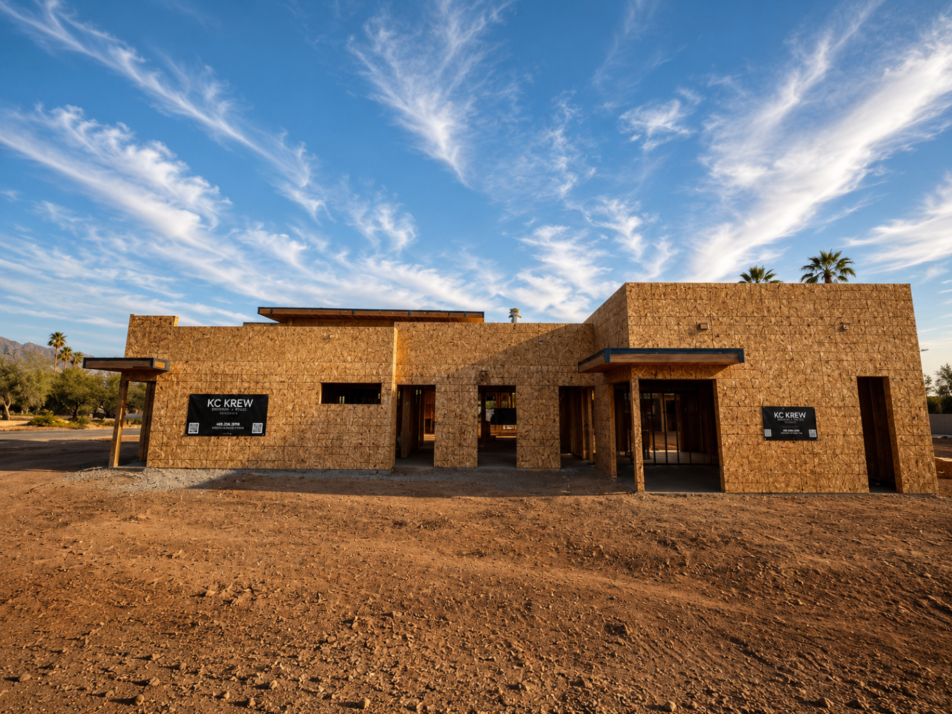 M1, front elevation sheathed with OSB and KC Krew signage installed