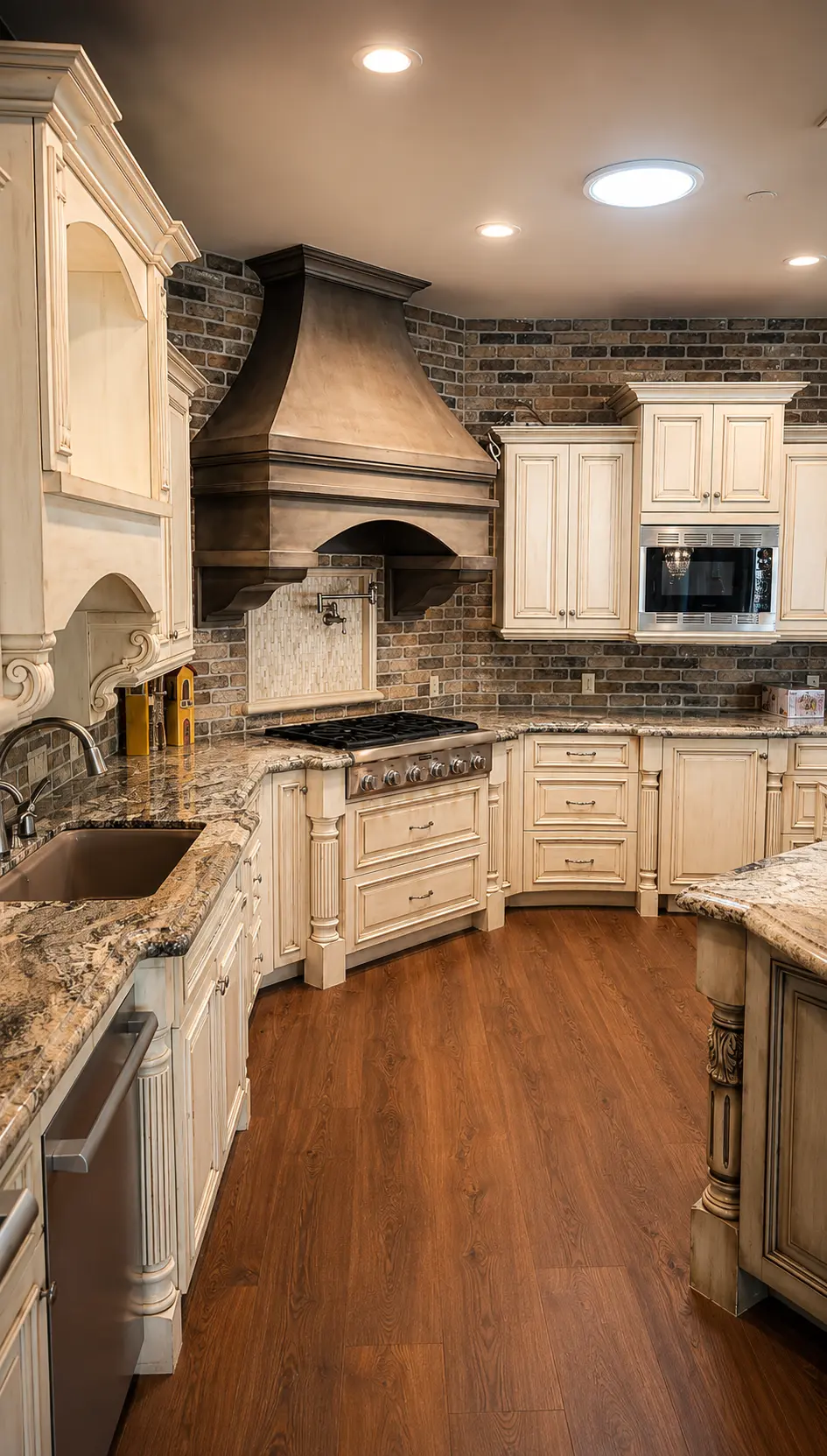 Dartmouth renovation, kitchen with granite counters, gas cooktop, and glazed cabinetry