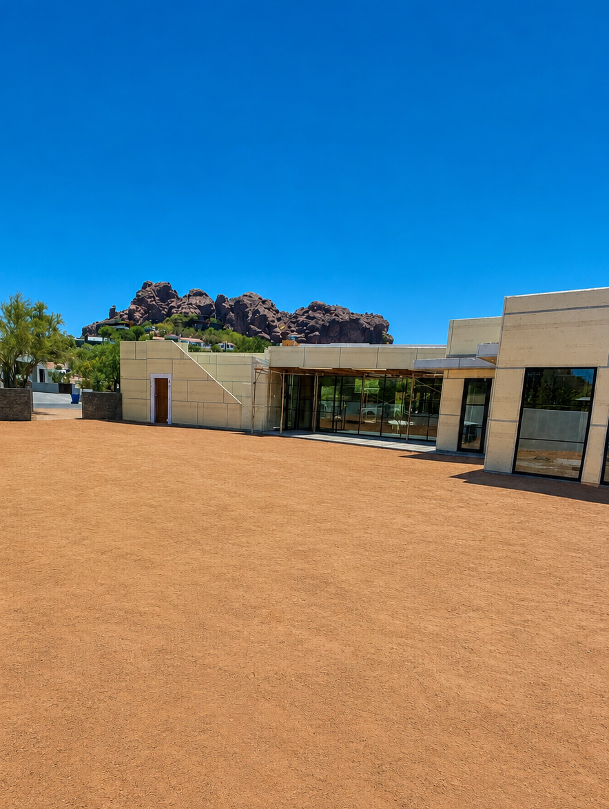 M1, rear exterior progress with Camelback boulders in the background