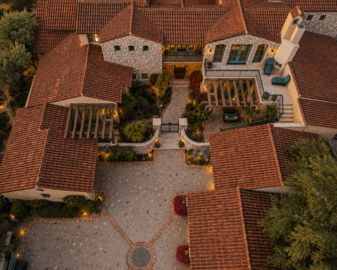 DC Ranch Villa, aerial view of courtyard and tile roofs at dusk