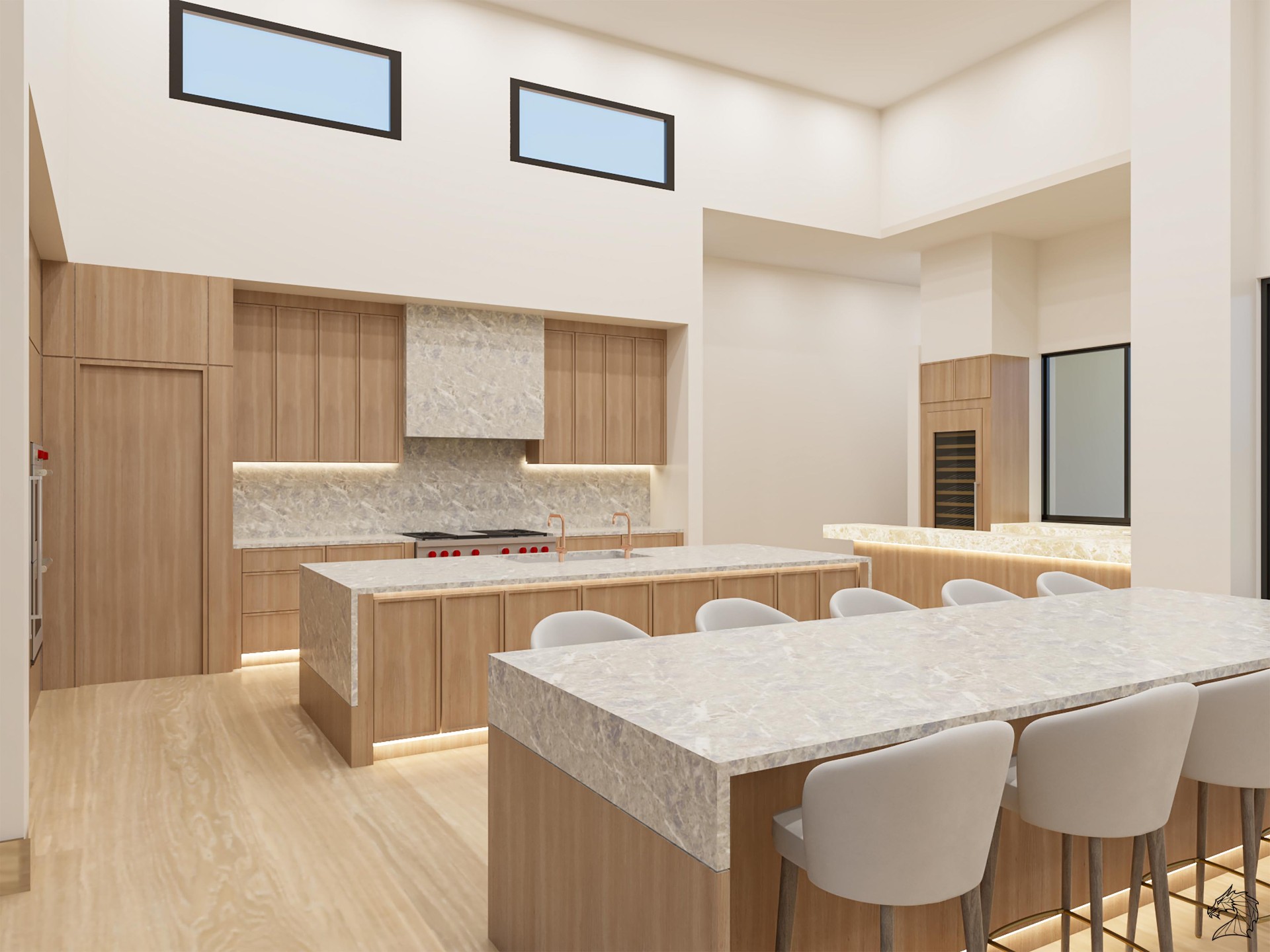 M1, kitchen rendering looking across the double islands toward the range wall