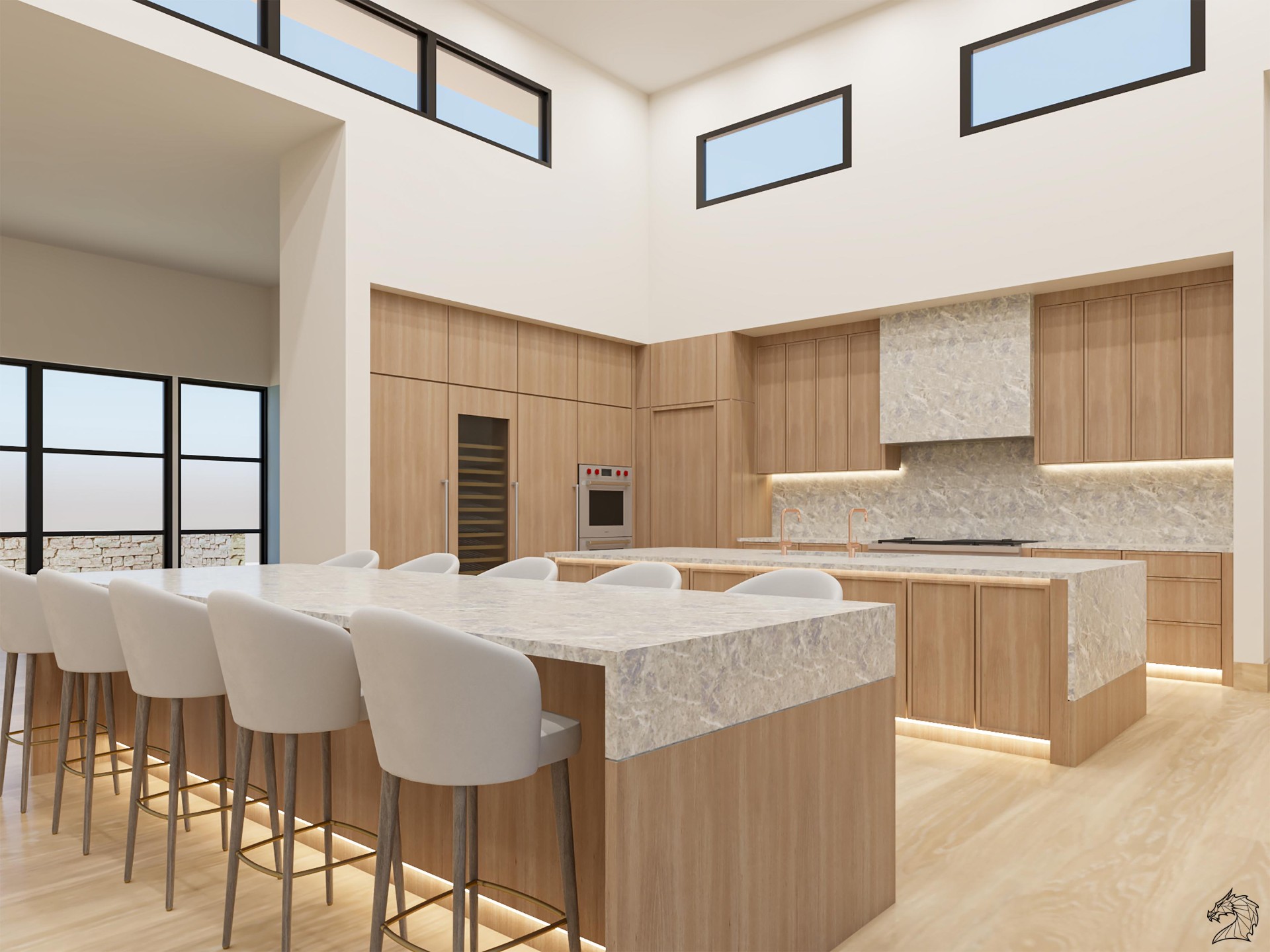 M1, kitchen rendering with double islands and clerestory windows