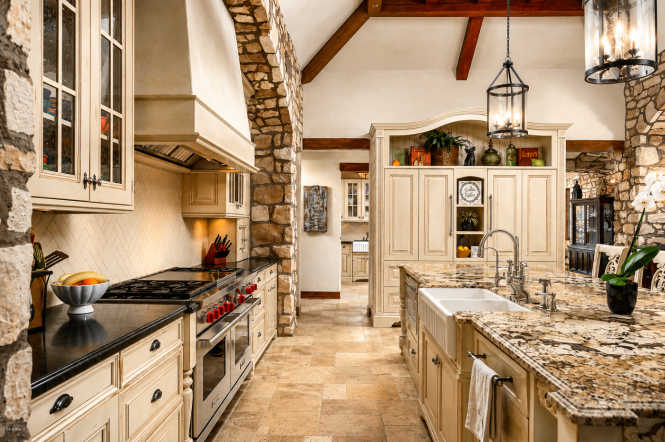 DC Ranch Villa, kitchen with farmhouse sink and range wall