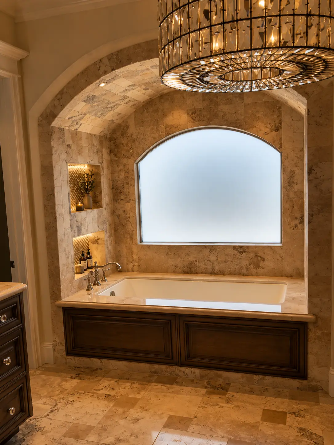 Dartmouth renovation, primary bath soaking tub set in a travertine arch with crystal chandelier