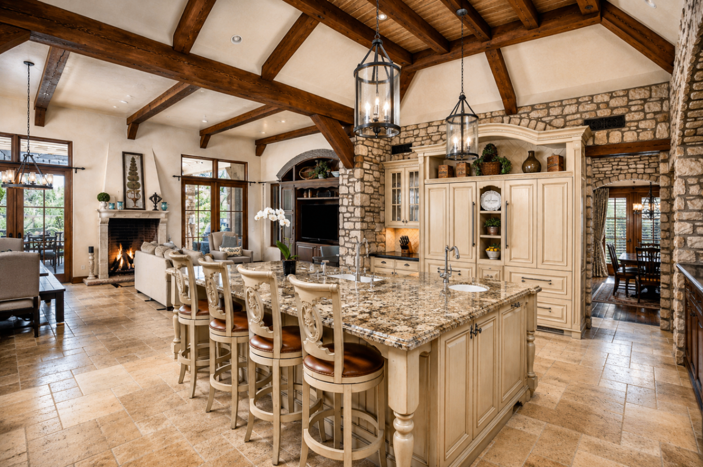 DC Ranch Villa, kitchen with granite island and wood beam ceiling