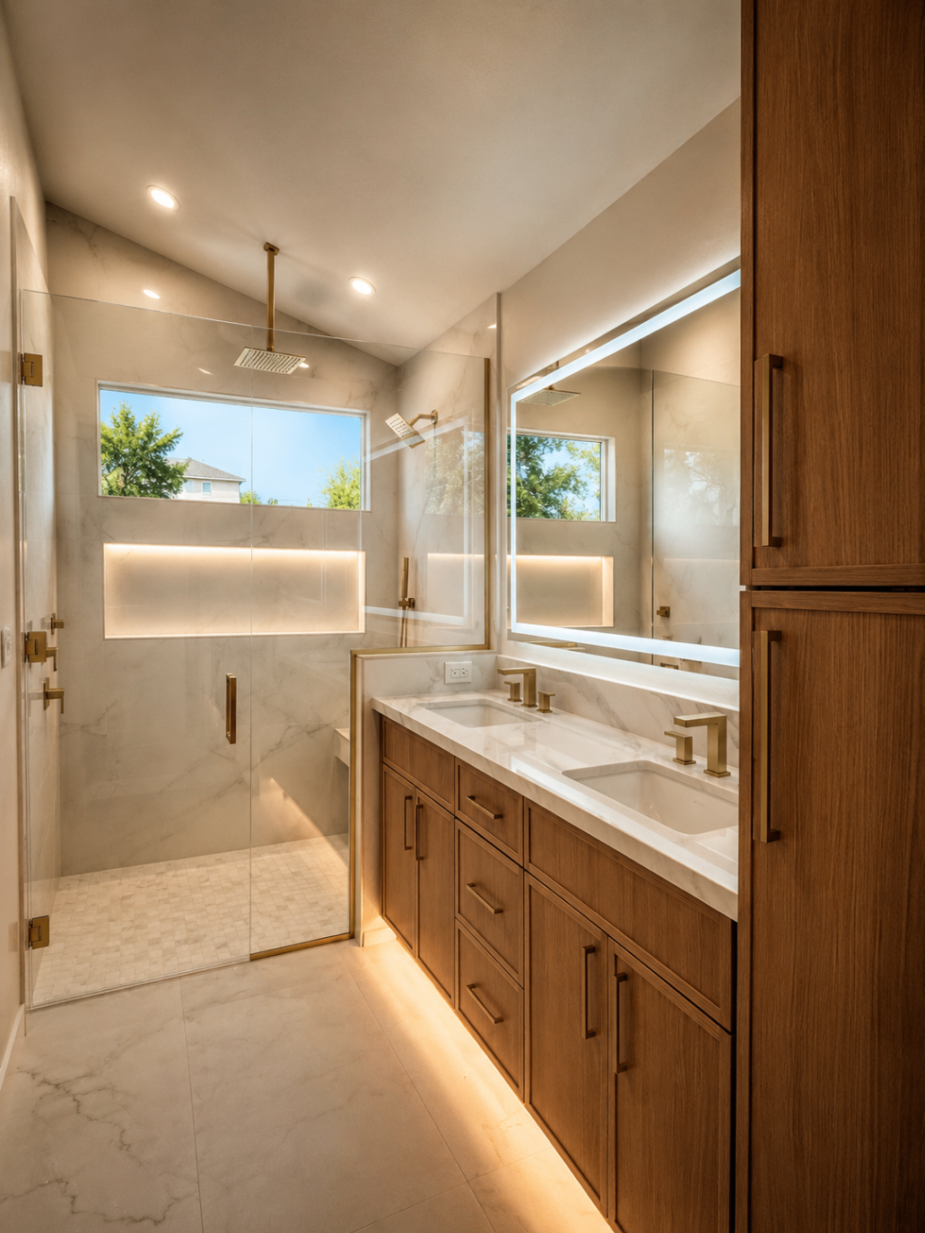 Rockwood bath entry view with walnut vanity and full-height shower glass
