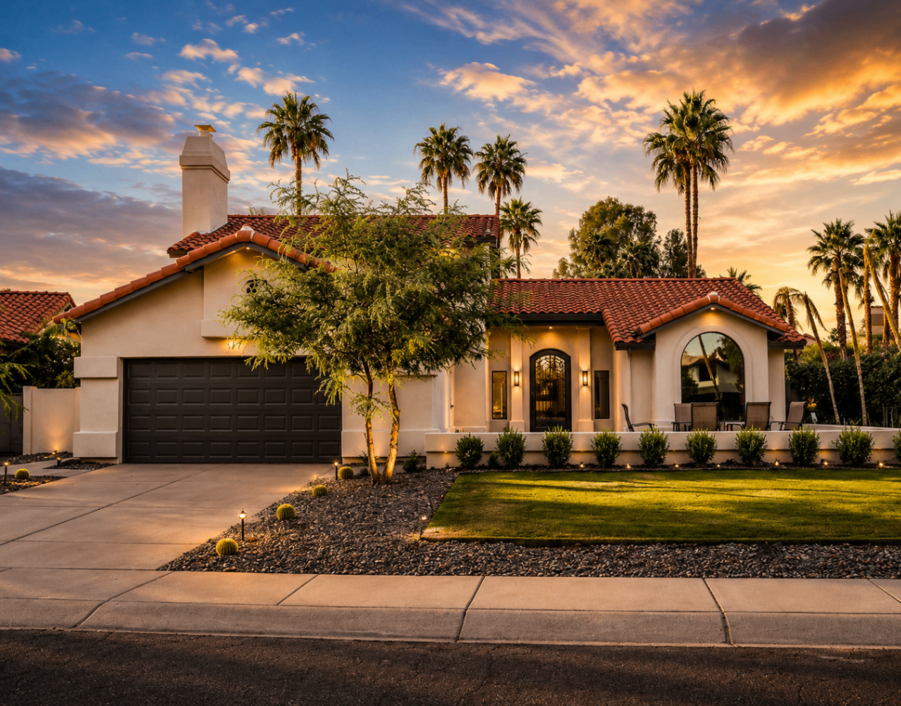 Caron Street, front exterior at sunset with palm-lined backdrop