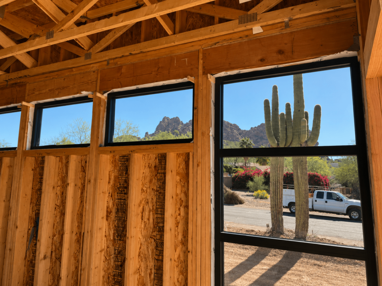 M1, progress view from inside framing toward desert landscape