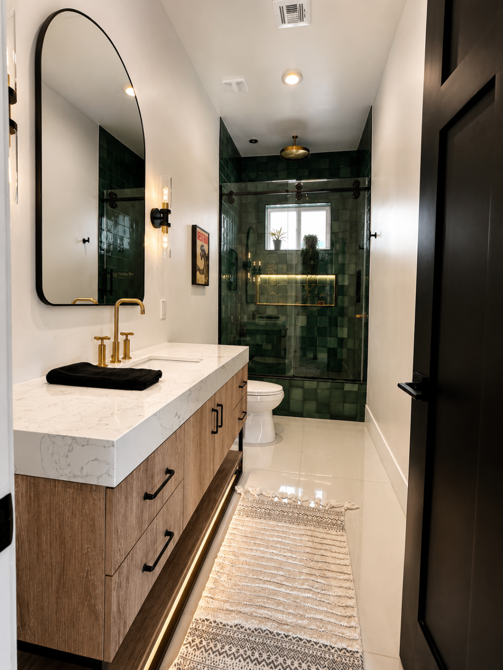 Patricia Jane guest green bath with brass faucet, black door, and tiled shower niche