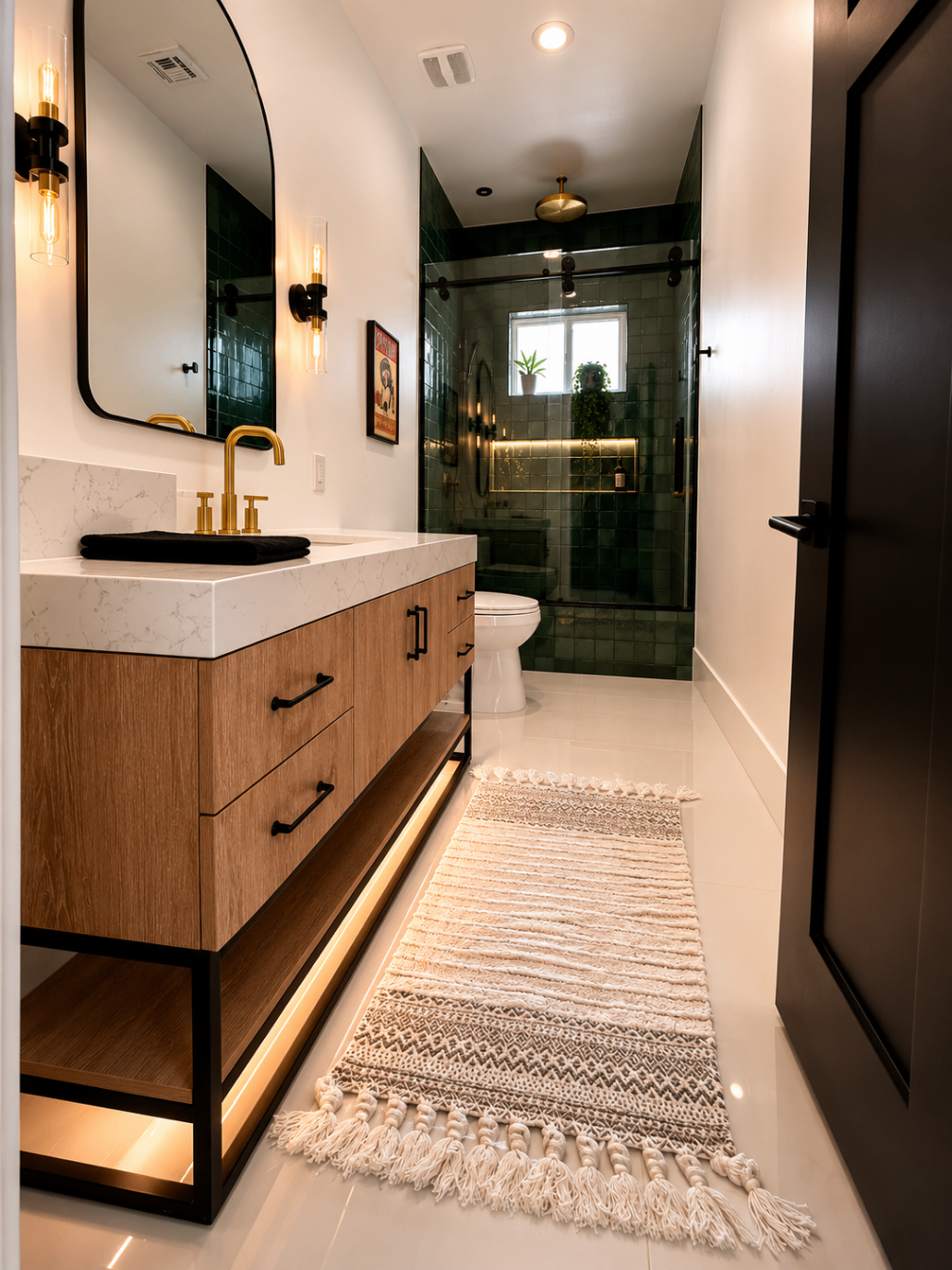 Patricia Jane guest green bath with arched mirror, oak vanity, and deep green shower tile