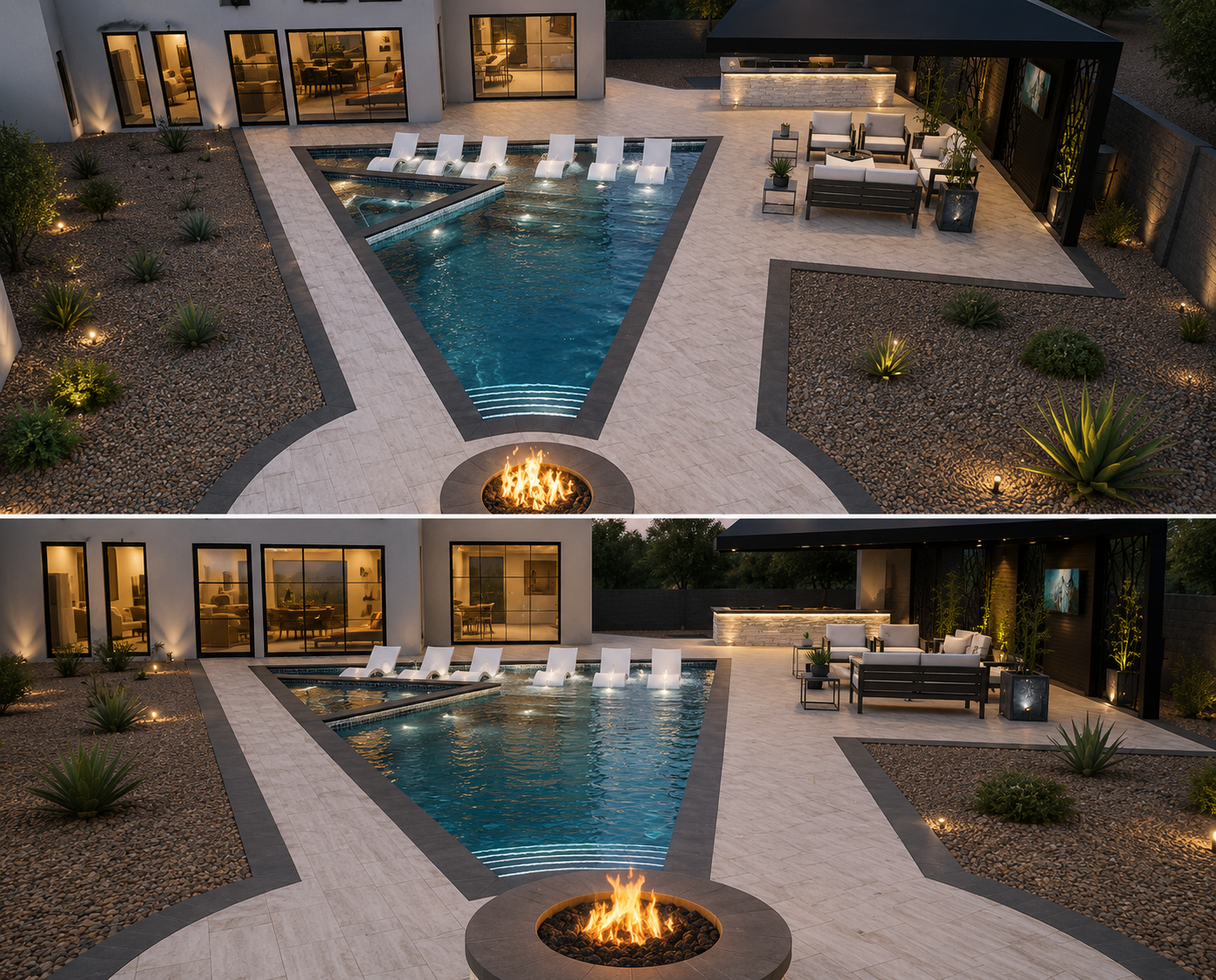 M1, backyard pool concept renderings with lounge chairs, fire pit, and covered patio at dusk