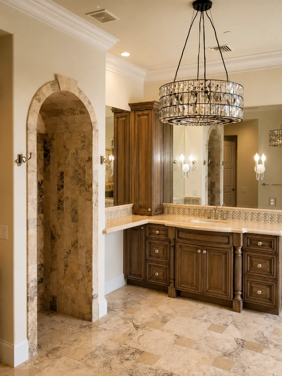 Dartmouth renovation, primary bath vanity with travertine arch walk-in shower entry
