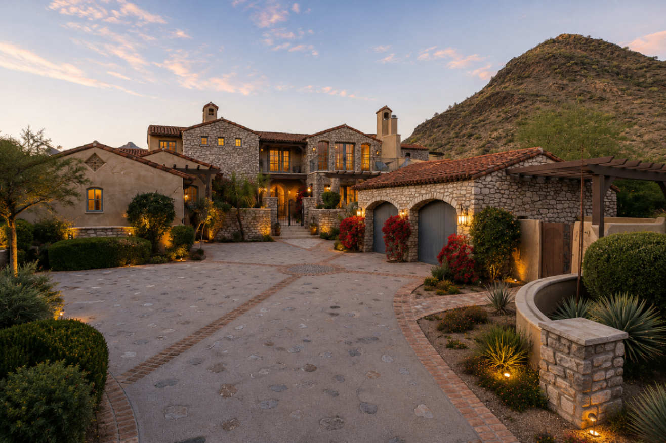 DC Ranch Villa, front drive at dusk with mountain backdrop