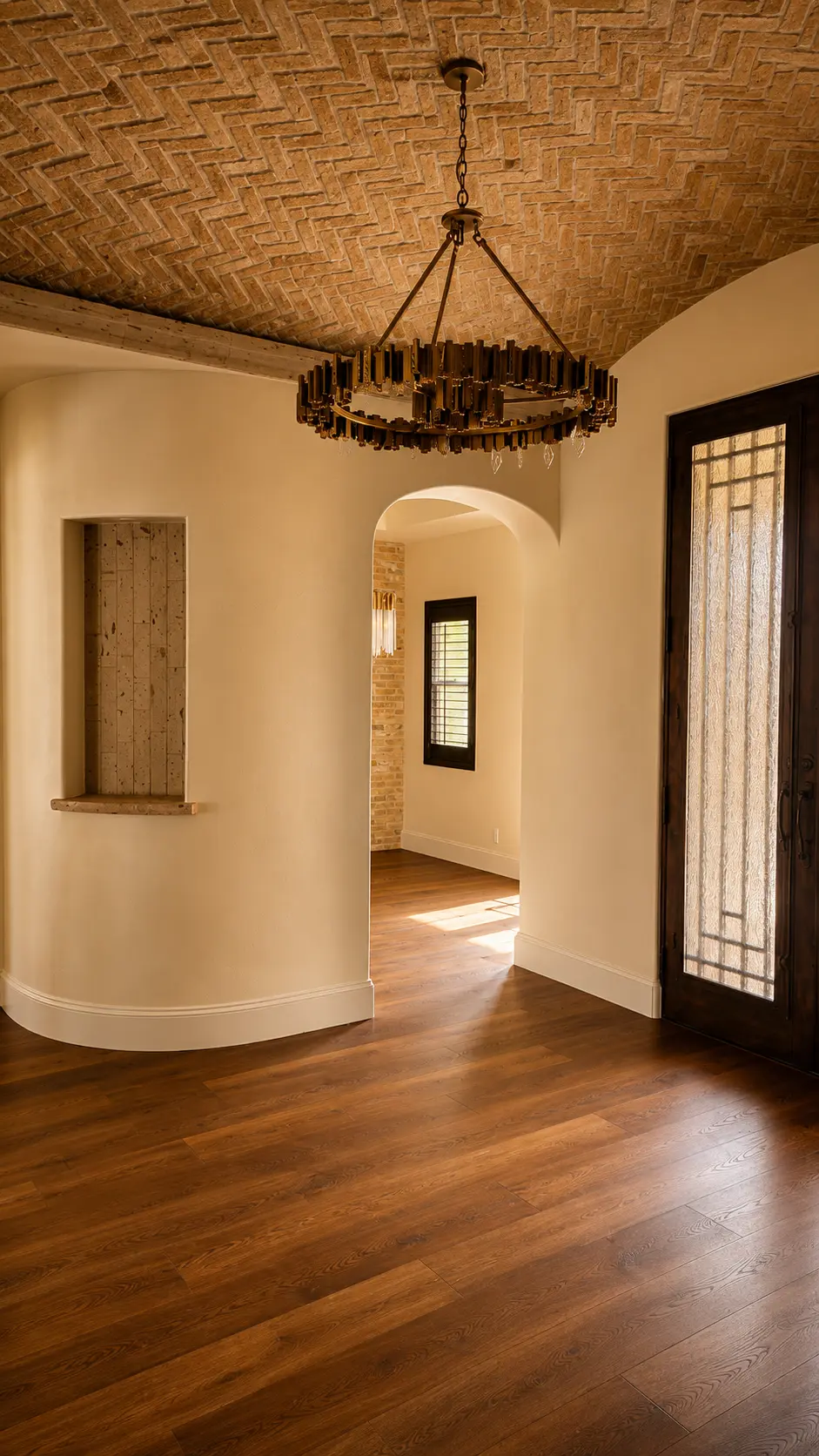 Dartmouth renovation, foyer with herringbone brick ceiling and iron entry door