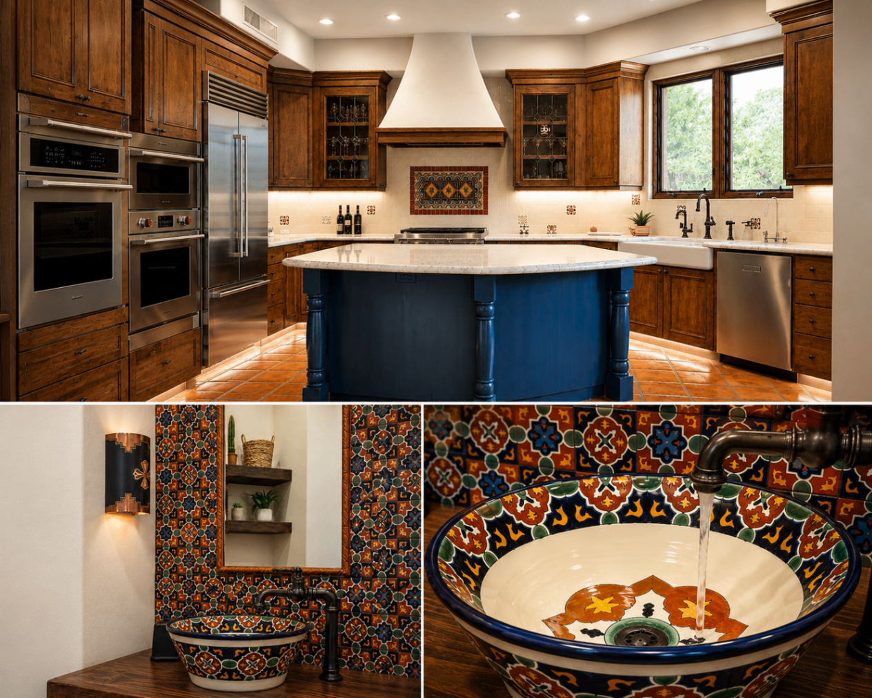 Monument, Spanish revival kitchen collage with blue island and Talavera details