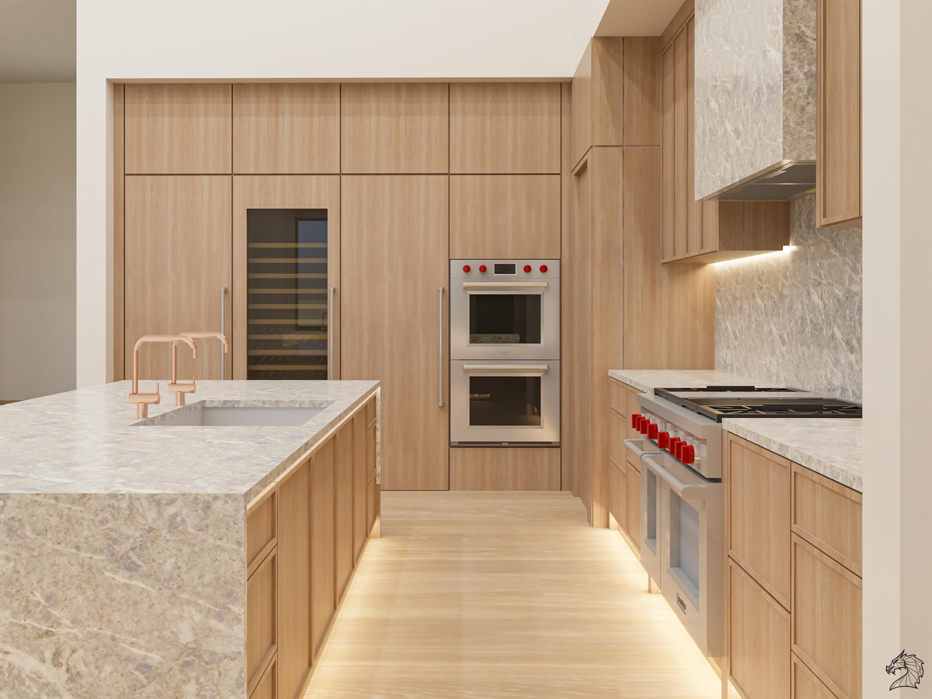 M1, kitchen rendering looking toward the range wall and wine tower
