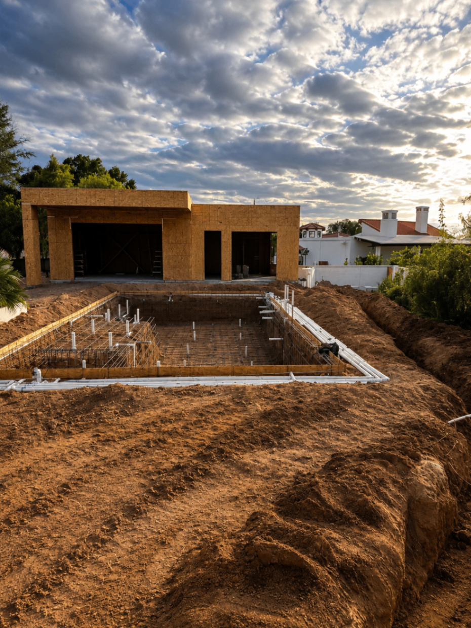 Camello, pool shell and framed rear elevation during construction