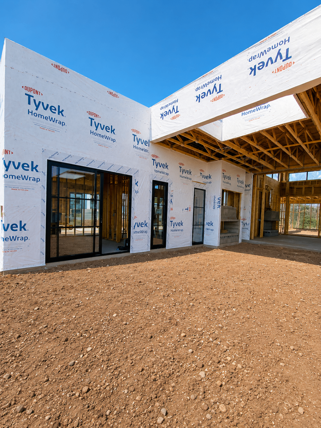 M1, Tyvek-wrapped rear elevation with sliding doors installed