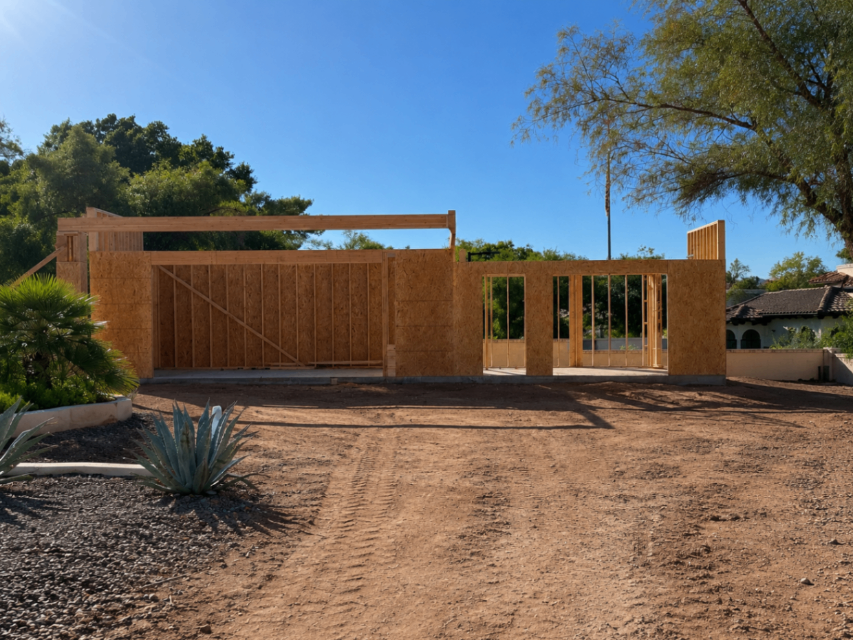 Camello, early framing progress across the front elevation