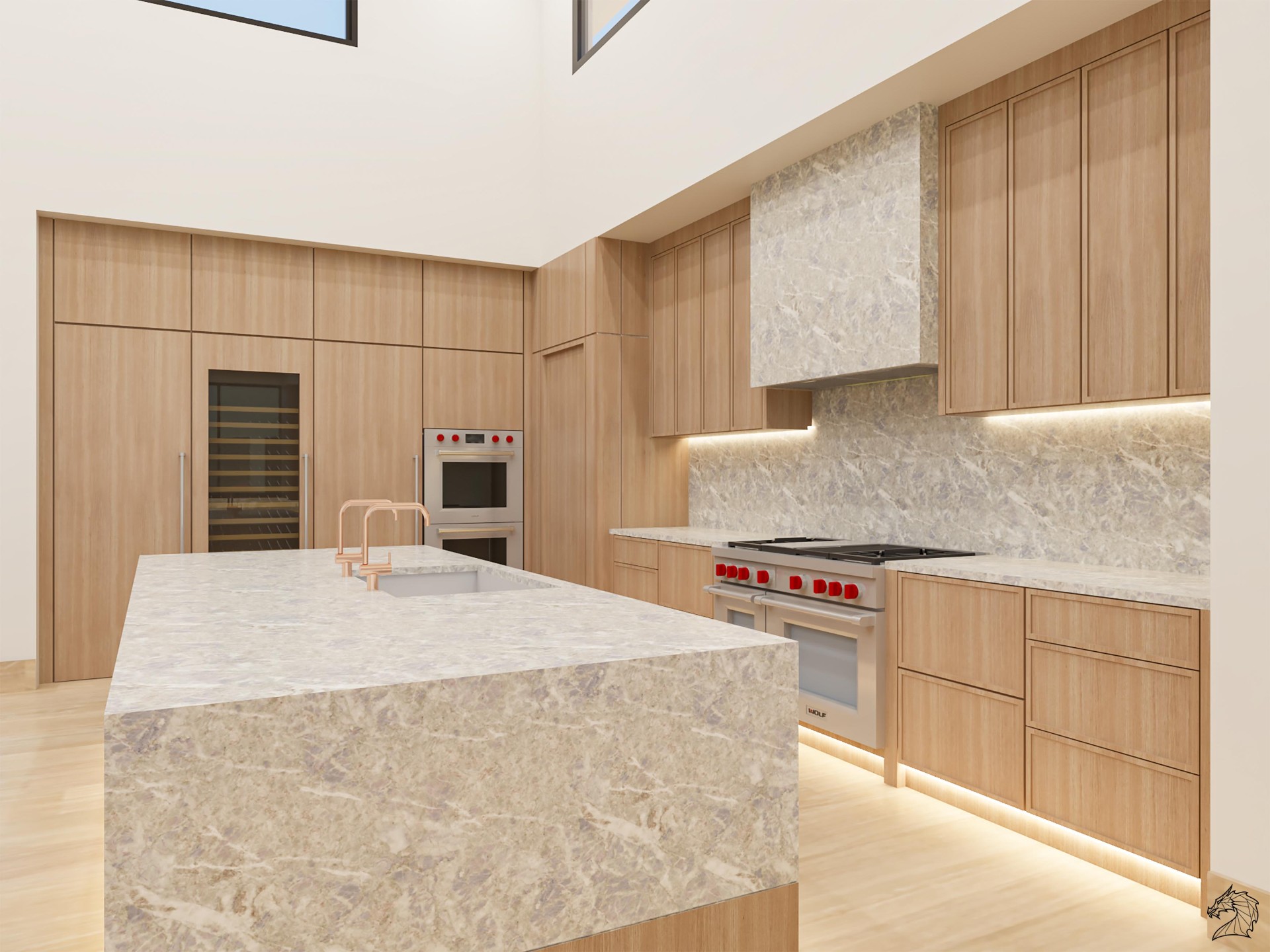 M1, kitchen rendering with waterfall island and marble hood