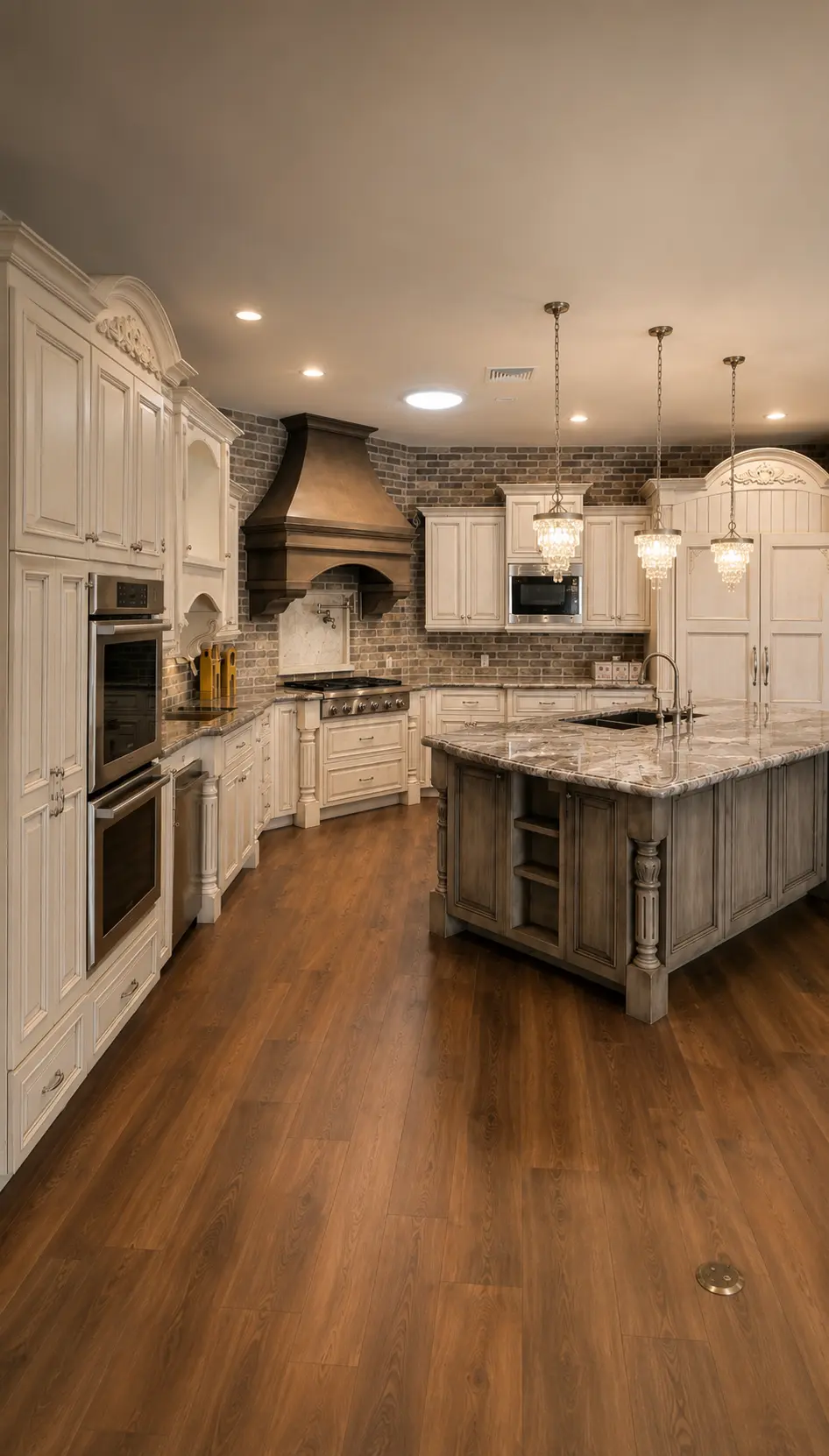 Dartmouth renovation, custom kitchen with antique white cabinetry, wood hood, brick backsplash, and stone island