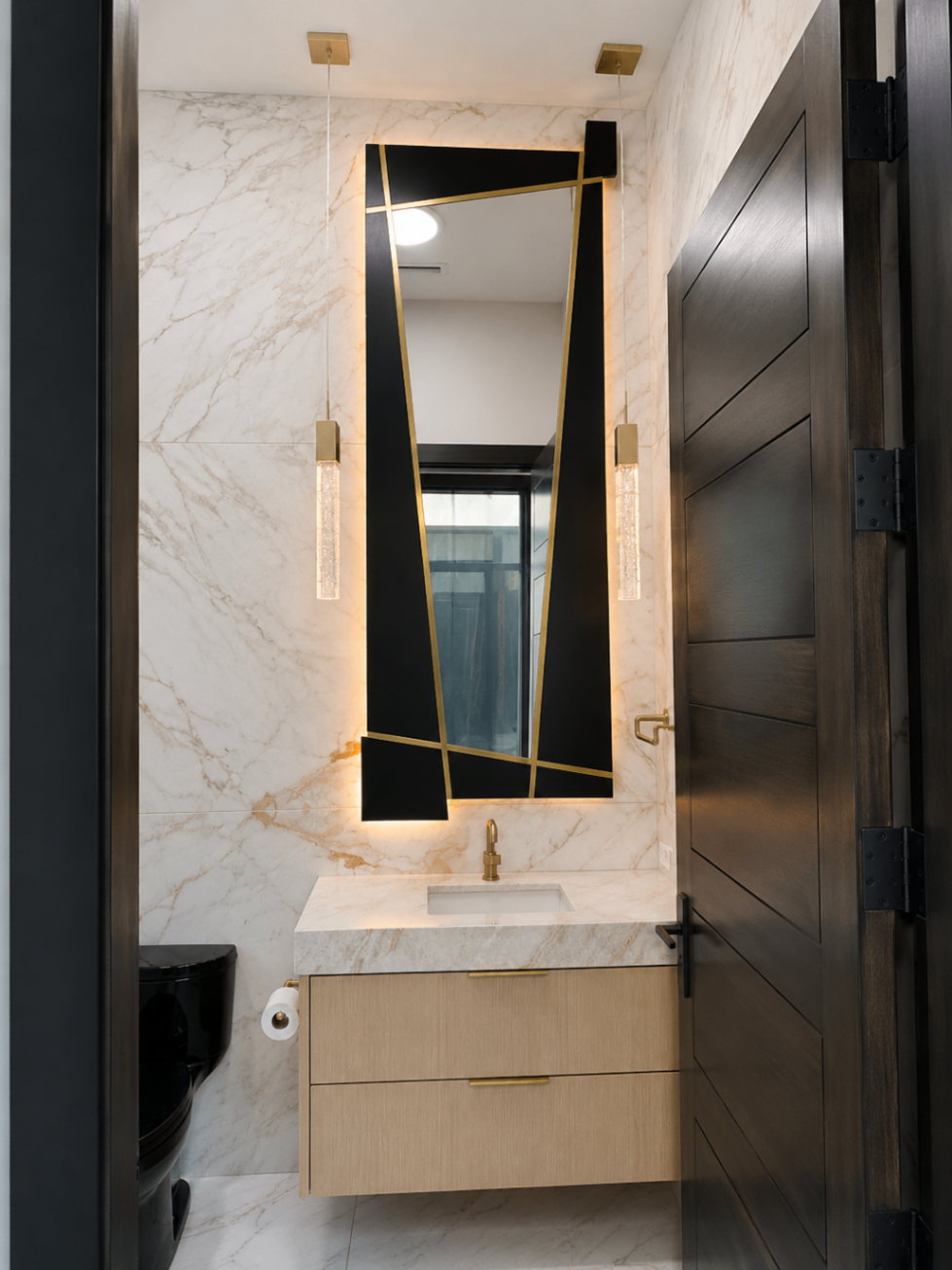 La Senda, powder bath with marble walls and sculptural mirror