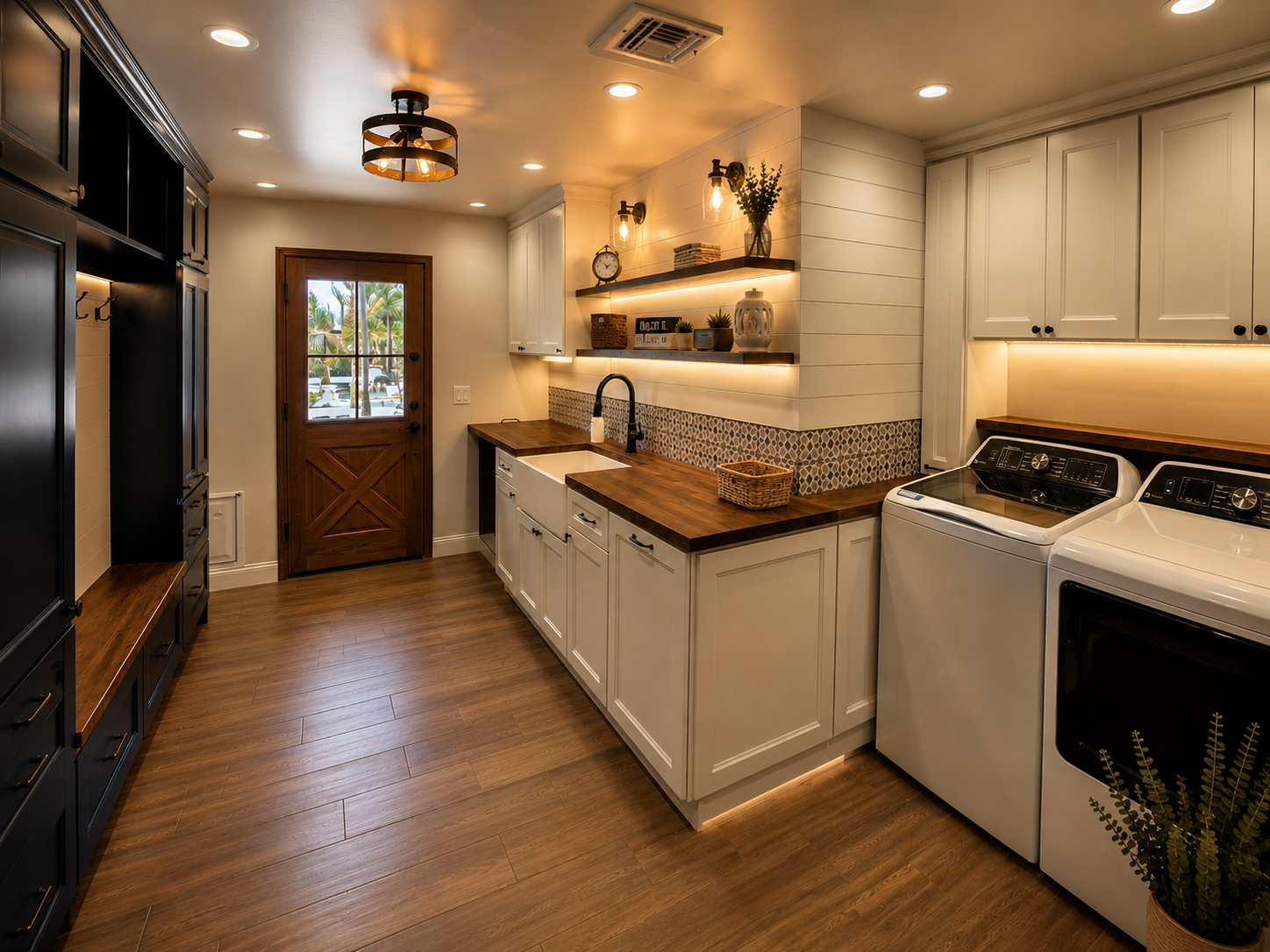 Joshua Tree 2 laundry and mudroom with black lockers, farmhouse sink, butcher block counters, and patterned tile backsplash