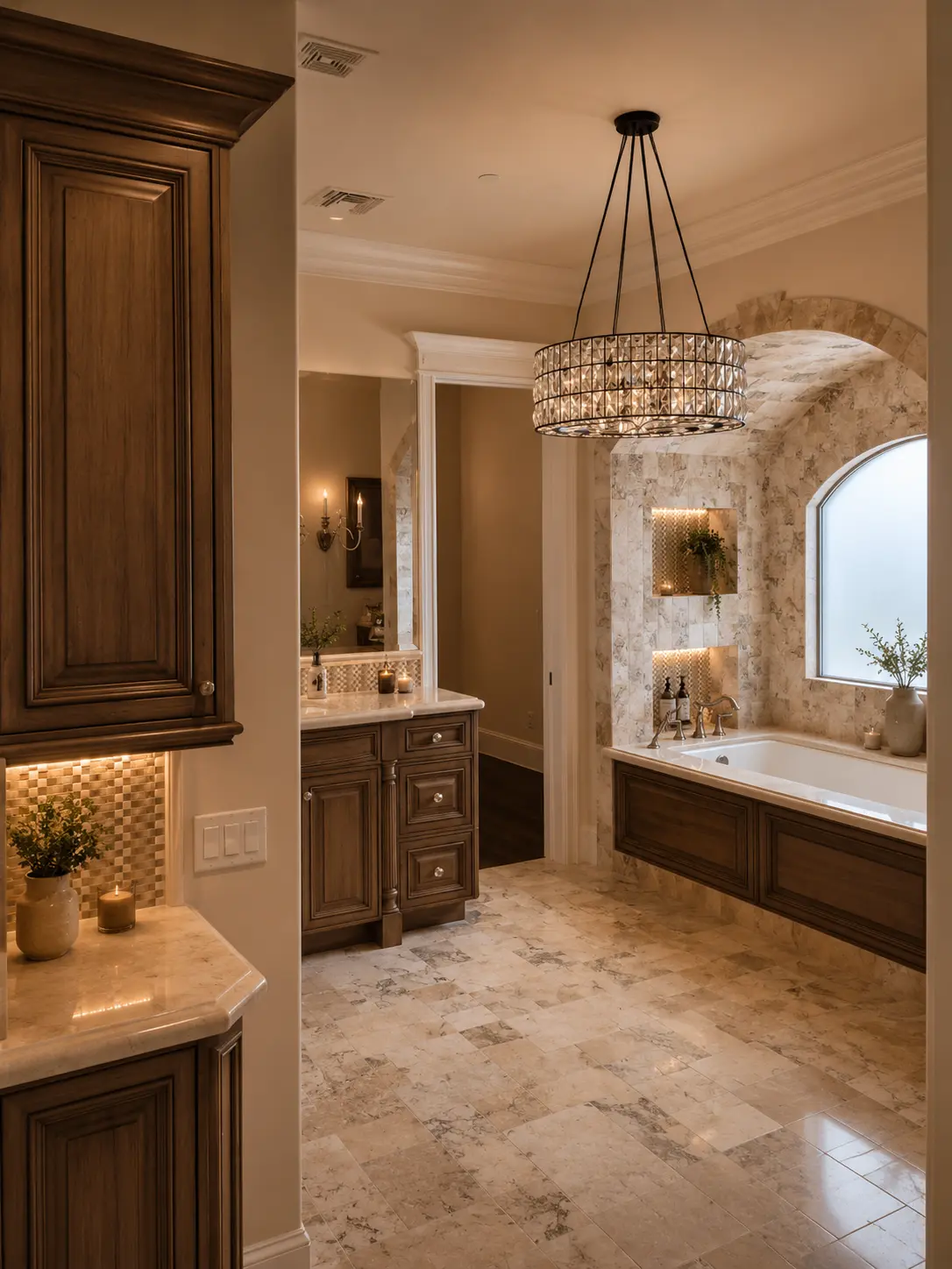 Dartmouth renovation, primary bath with dual wood vanities, stone tile floor, and drum chandelier