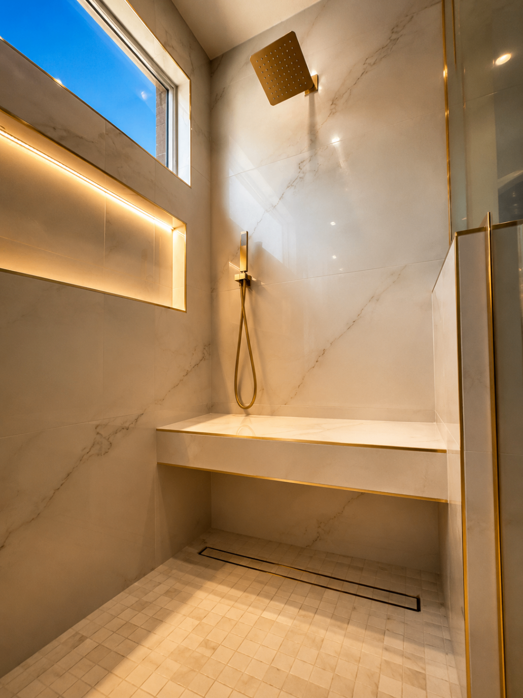 Rockwood marble shower with floating bench and brass fixtures