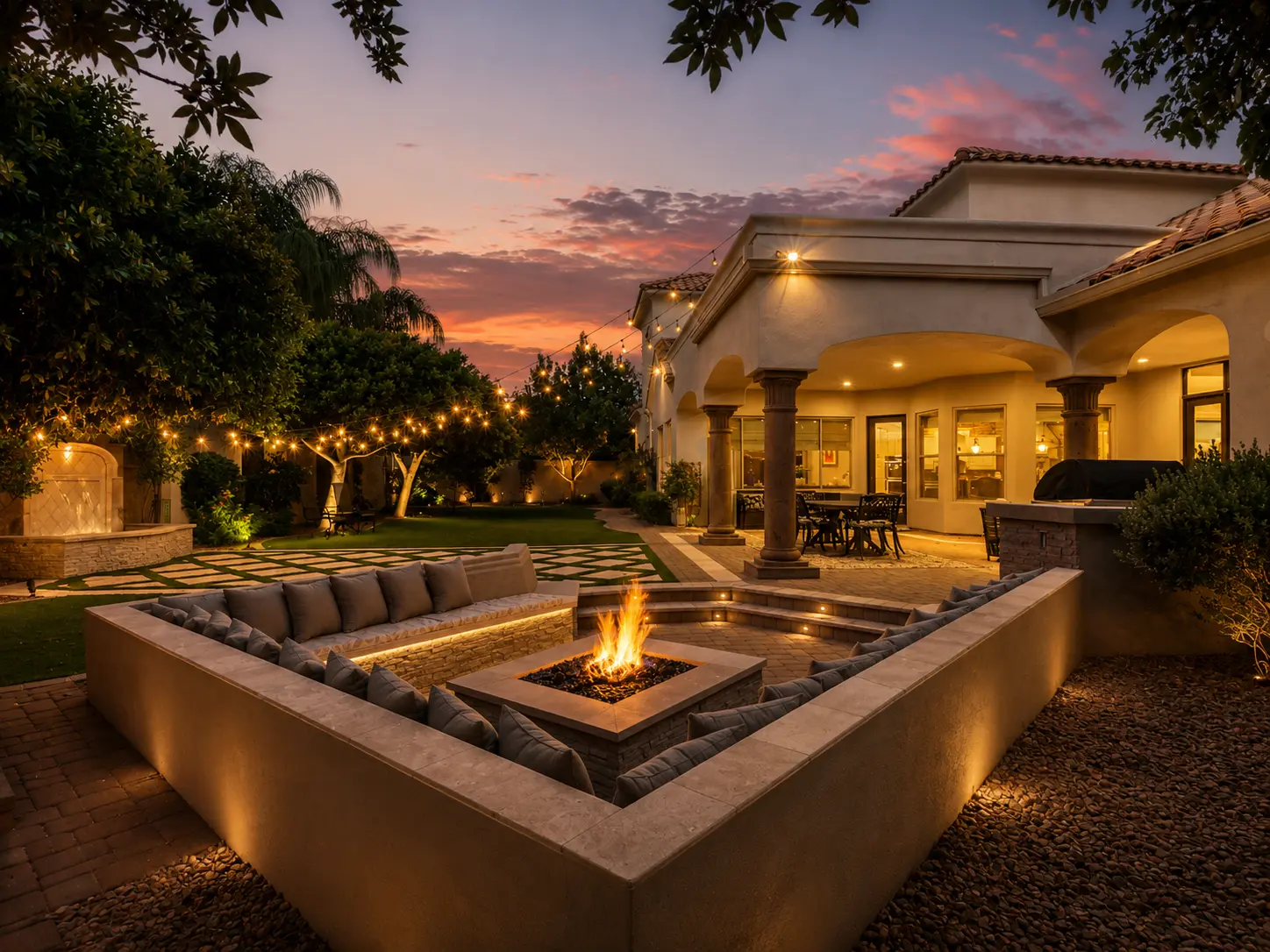 Dartmouth renovation, sunken fire pit lounge and covered patio at dusk