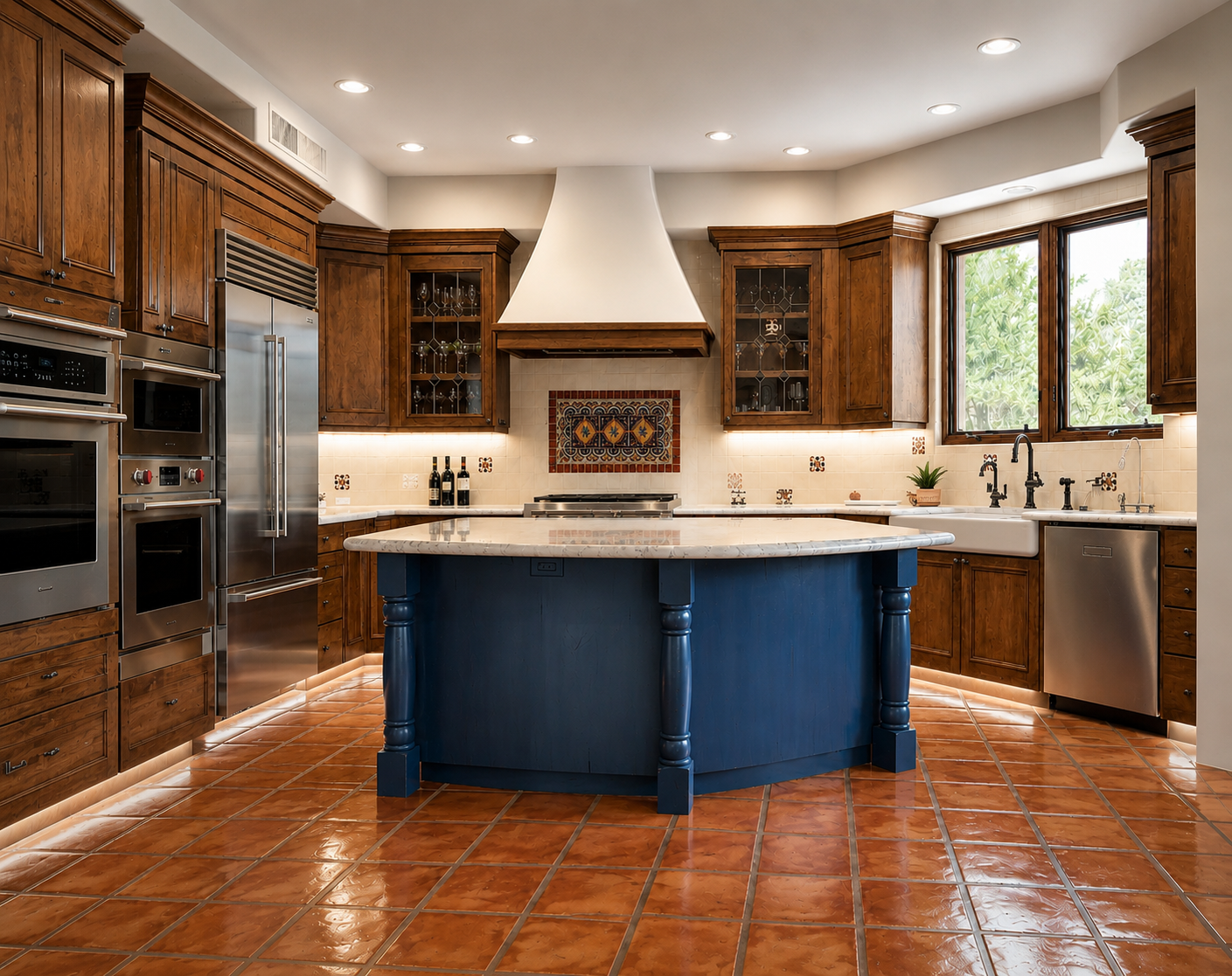 Monument, Spanish revival kitchen with blue curved island, walnut cabinetry, and Saltillo tile floors