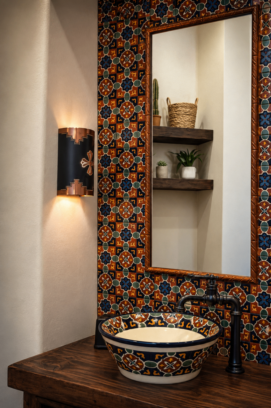 Monument, Talavera-tiled powder bath with copper sconce