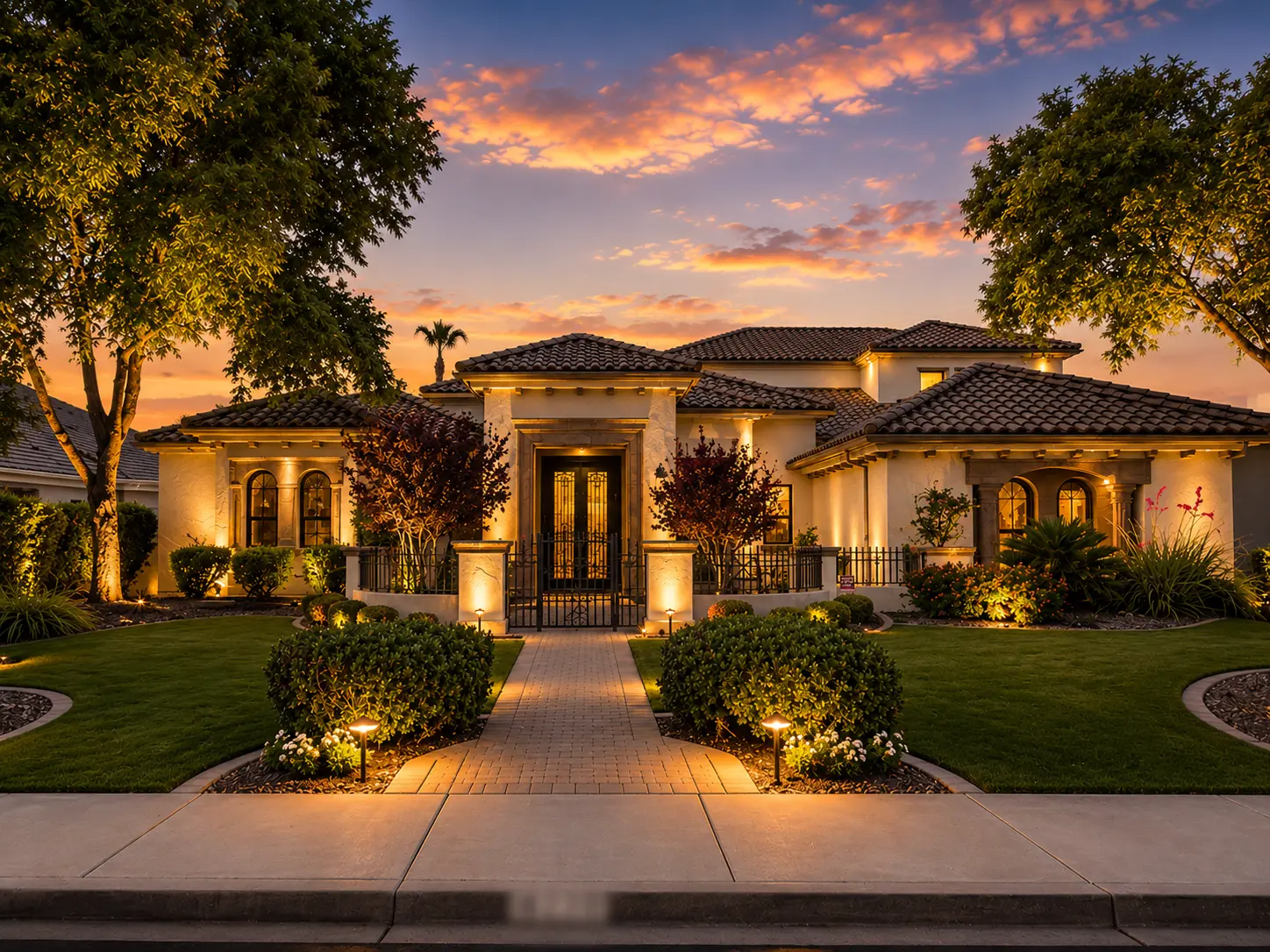 Dartmouth renovation, front elevation at dusk with landscape lighting and paver walkway