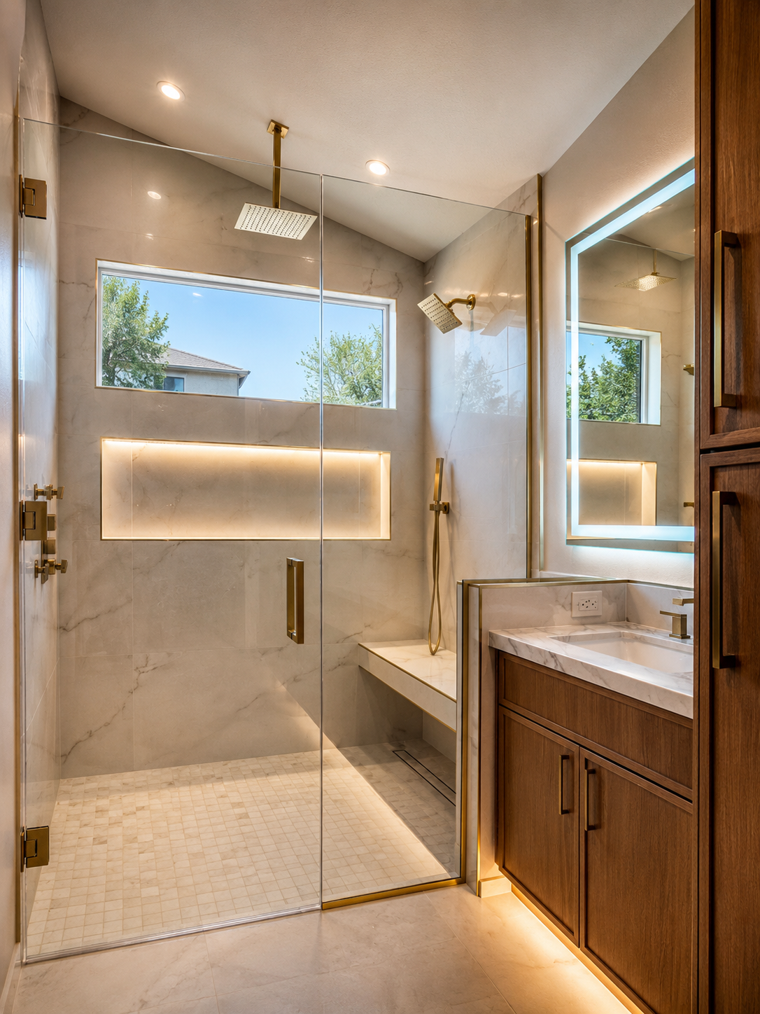 Rockwood primary bath with dual rain showers, backlit niche, and walnut vanity