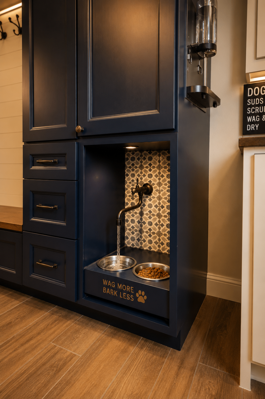 Joshua Tree 2 mudroom pet station with navy cabinetry and feeding nook