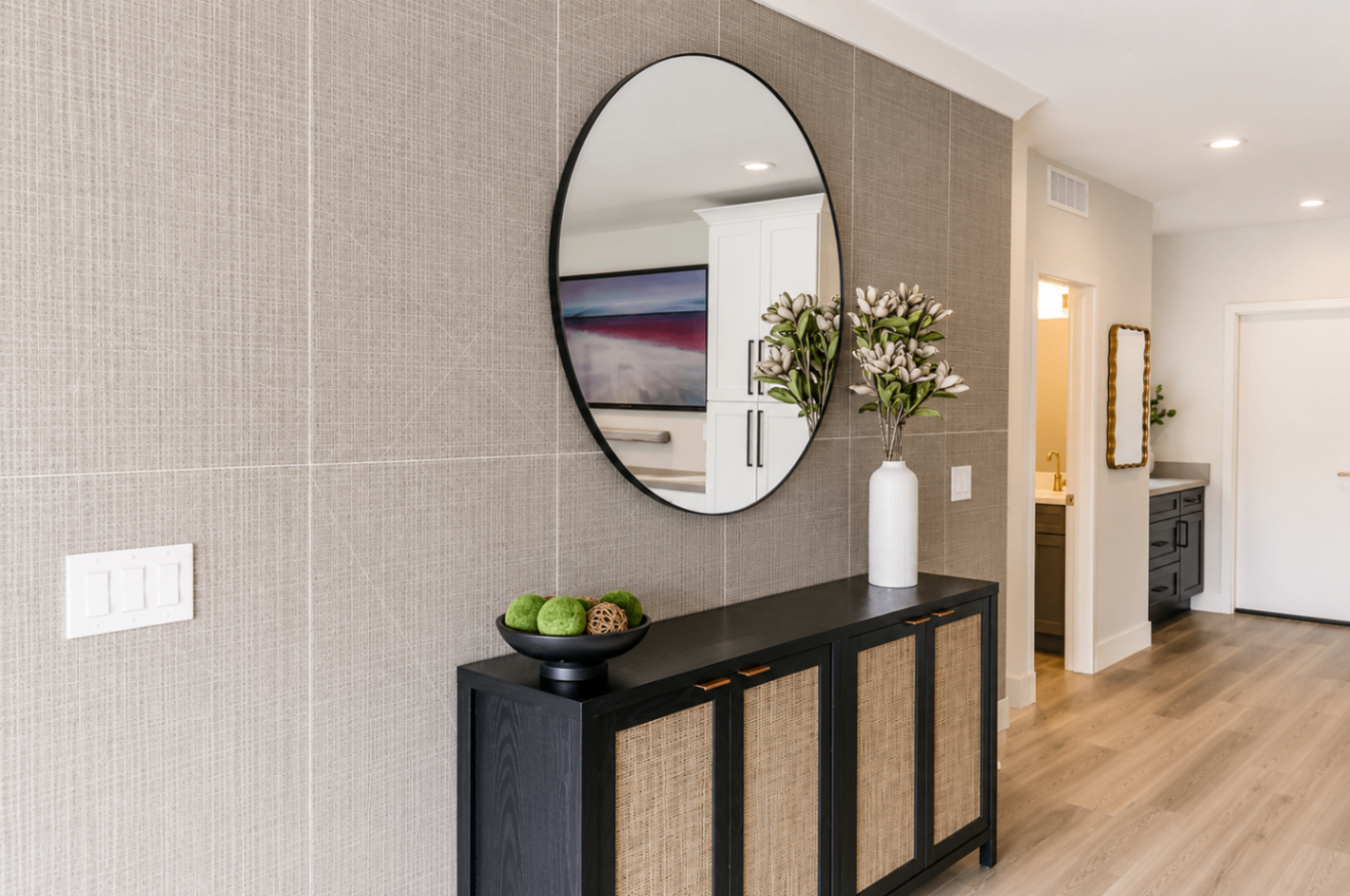 Caron Street, entry hallway with textured wall and console